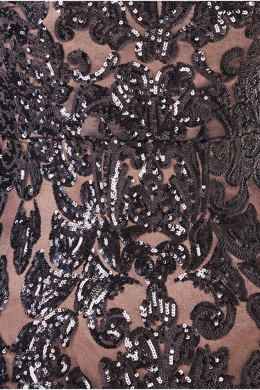 Goddiva Sequin High Neck Feather Cuff Maxi Dress