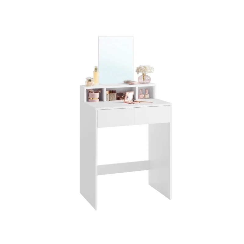 Coiffeuse avec grand miroir avec 2 tiroirs et 3 compartiments blanc
