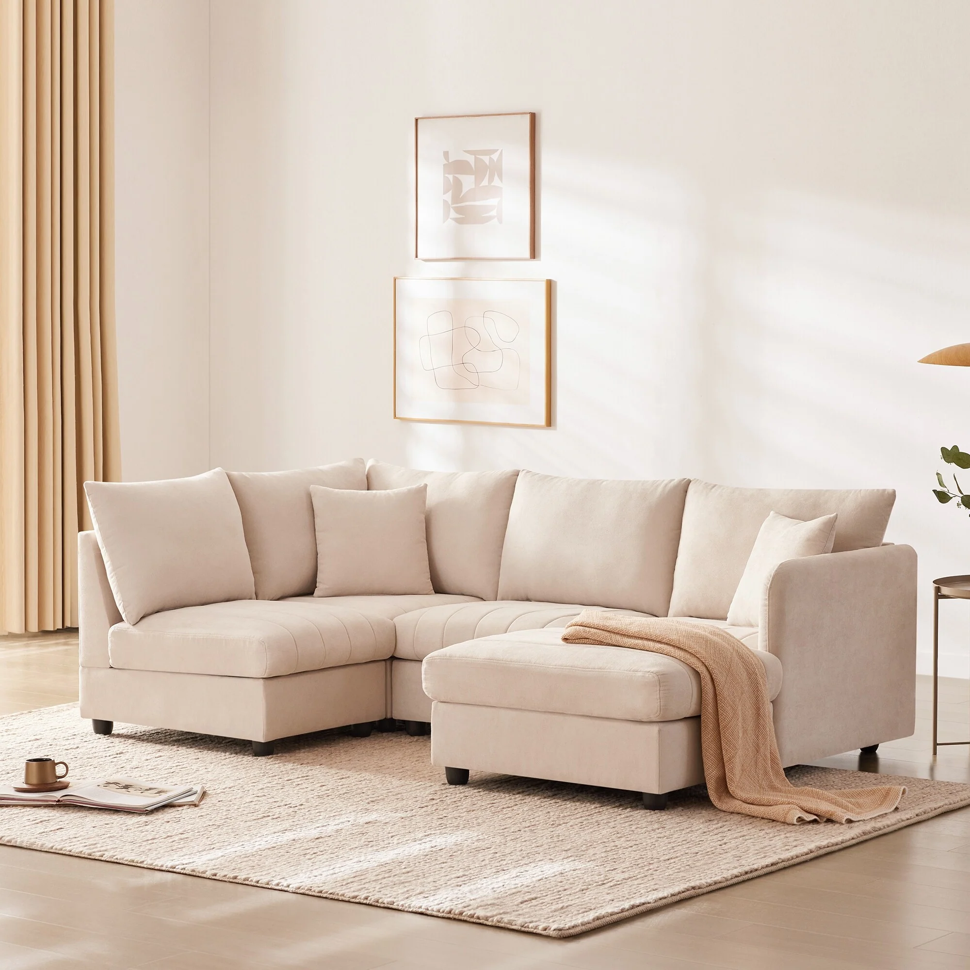 Beige 89 L-Shaped 5-Seater Sectional Sofa with Convertible Ottoman and 2 Pillows, Versatile Living Room Furniture