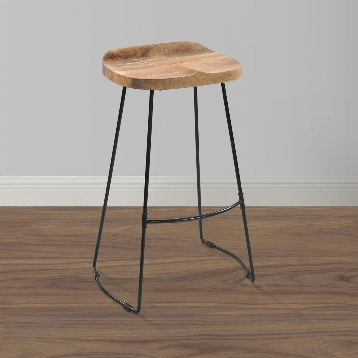 Tiva 30 Inch Handcrafted Backless Barstool, Natural Brown Mango Wood Saddle Seat, Black Metal Base