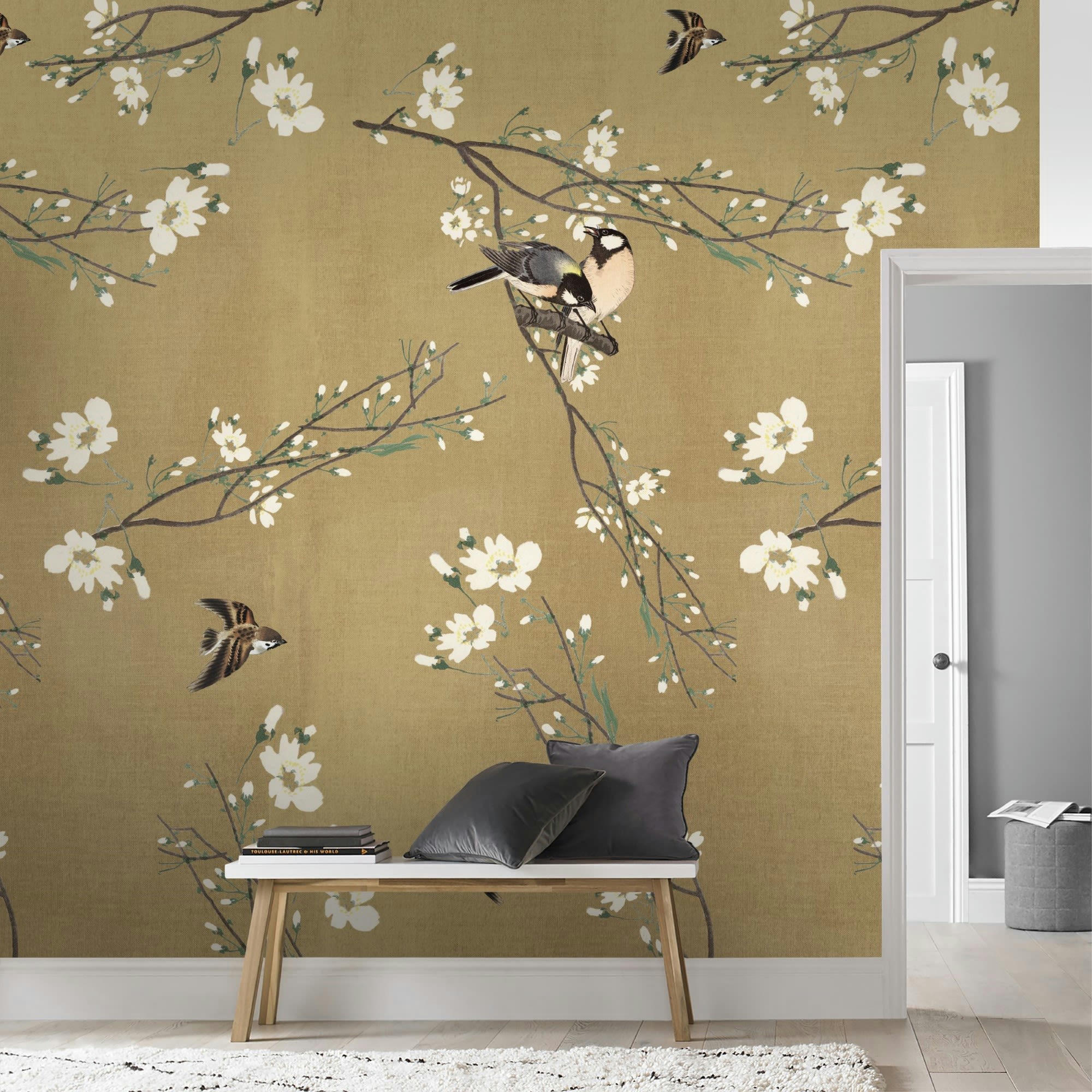 - Papier peint panoramique printemps Japonais beige jaune 280x200cm