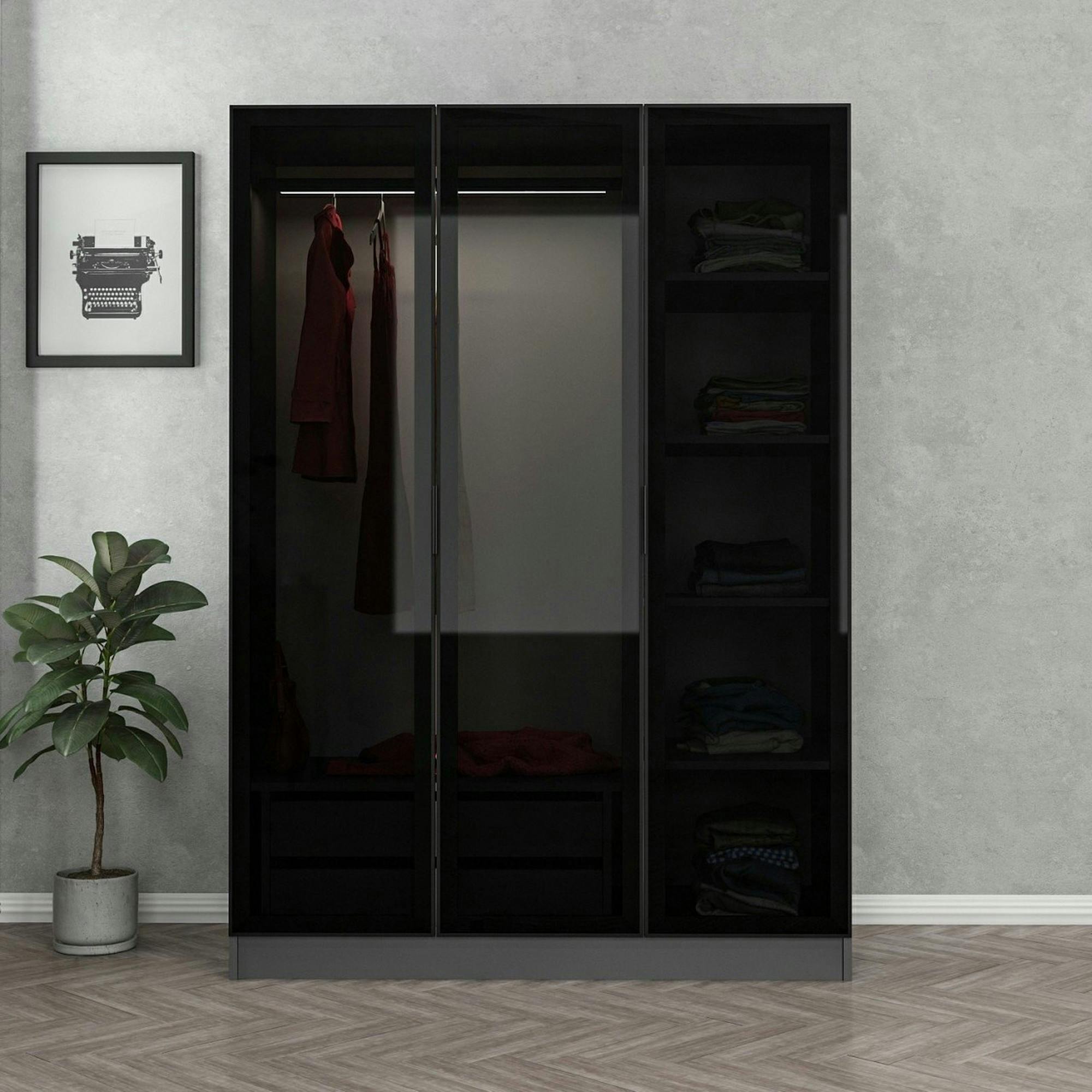 Armoire penderie grise design, 3 portes vitrées BYRON