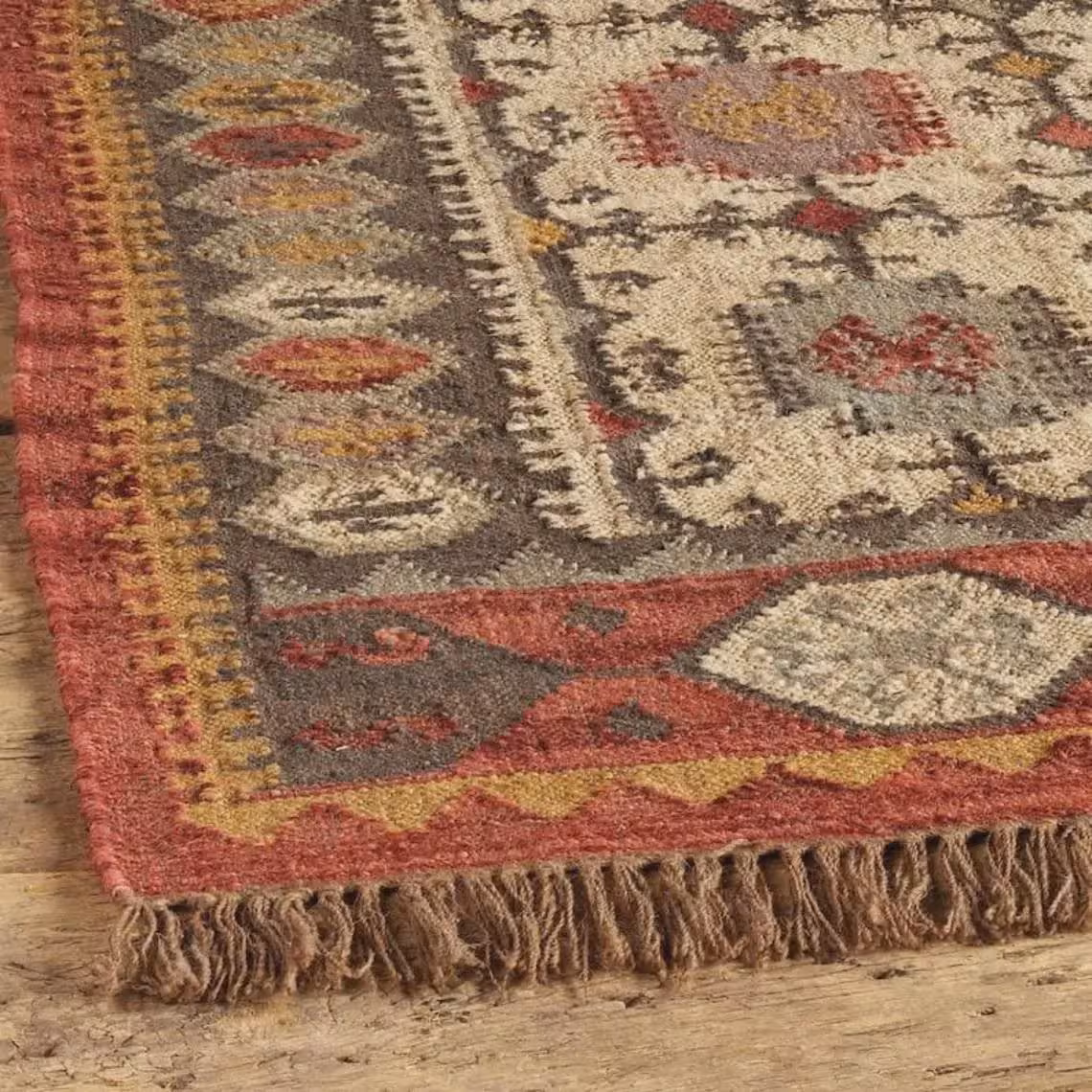 Handwoven Wool Jute Kilim Rug: Southwestern Boho Tribal Design