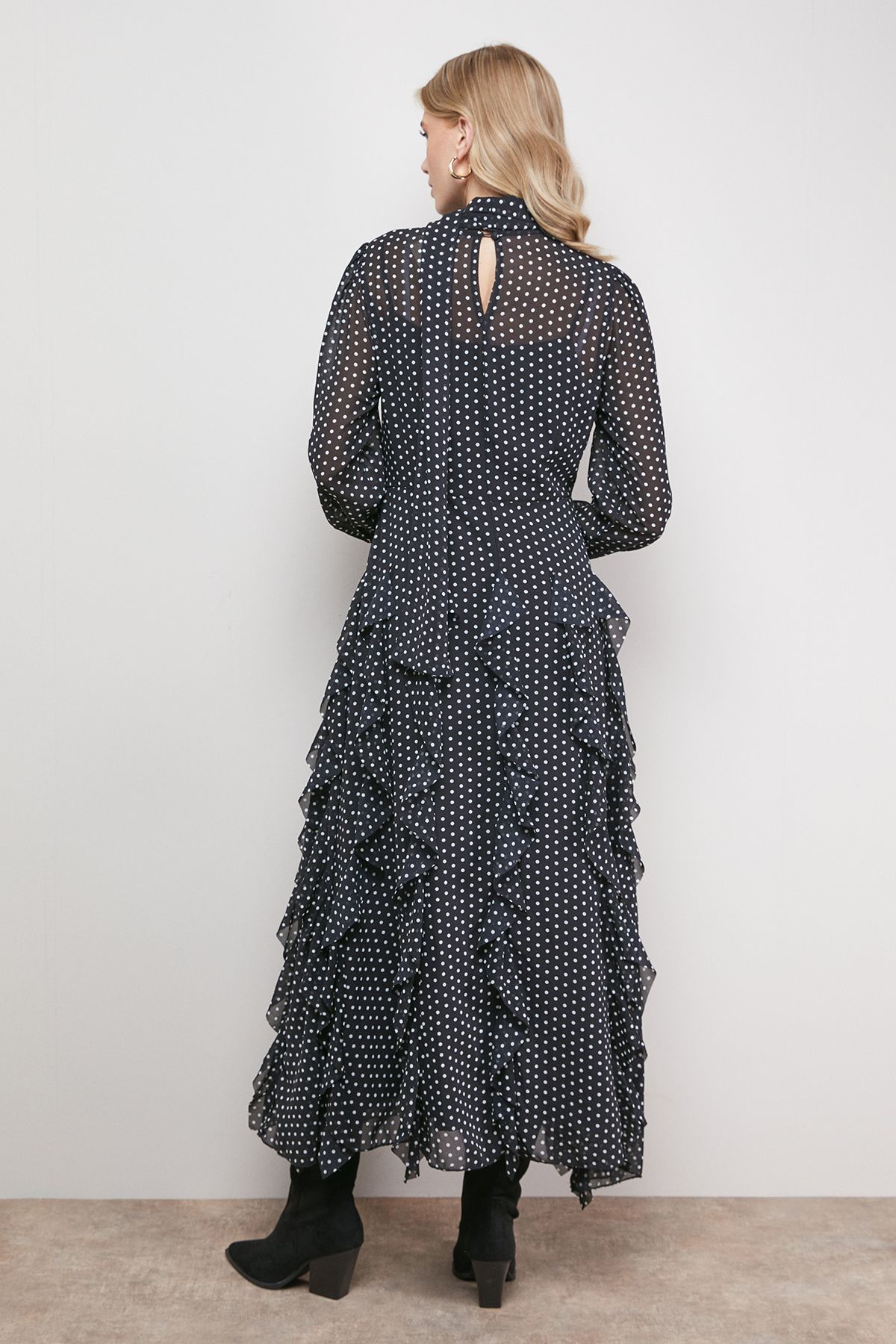 Oasis Printed Frill Detail Tie Neck Midaxi Dress