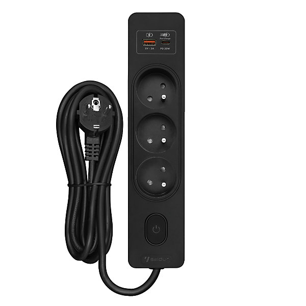 Multiprise SELDUR G3FH32S, 3 prises type E   interrupteur, USB A C charge rapide 20W, Noir, câble 3m