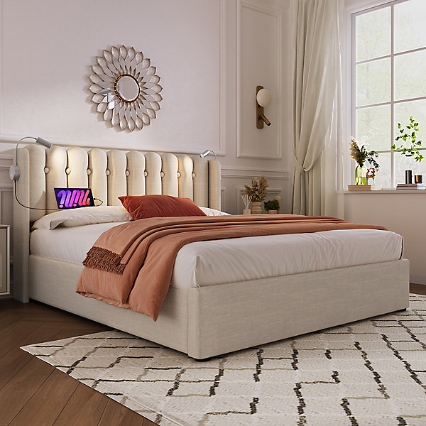 Lit coffre 160x200cm,Beige,rembourré,chargement,lampes de lecture