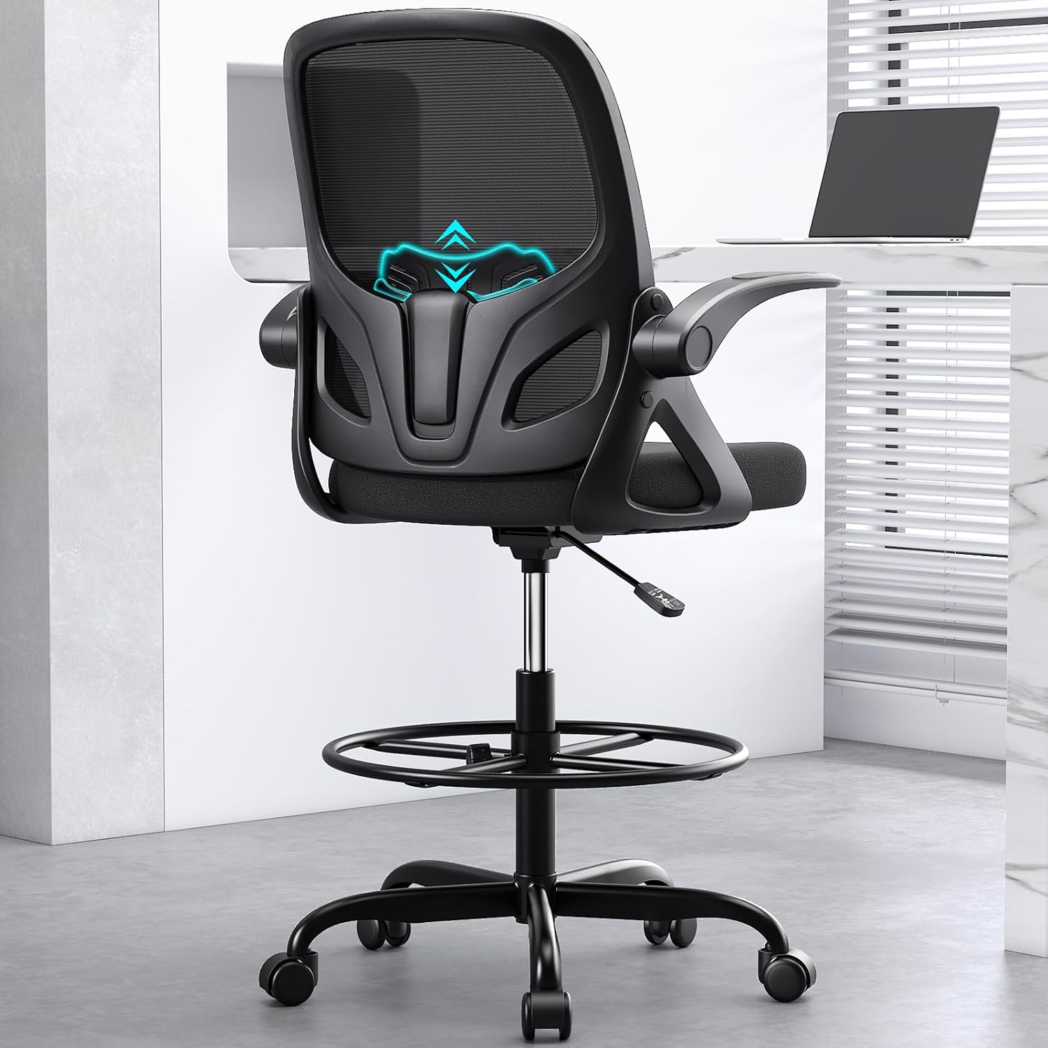 Kensaker Drafting Chair Tall Office Chair, Ergonomic Standing Desk Chair with Adjustable Foot Ring and Flip-up Armrests, Mesh Computer Chair for Art Studio, 300 LBS, Black