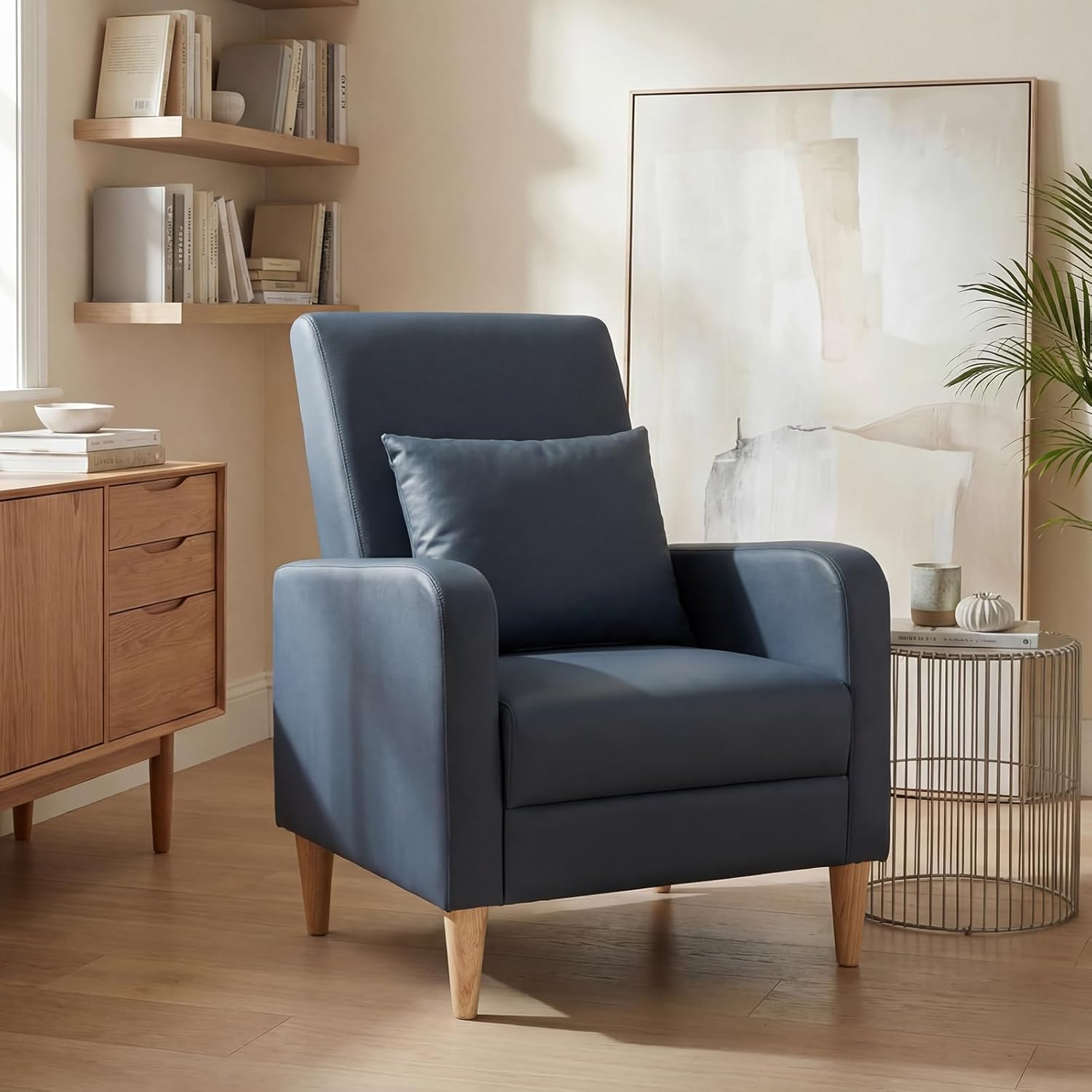 COLAMY Mid-Century Modern Upholstered Accent Chair with Back Pillow & Solid Wood Legs, Leather Cozy Armchair for Living Room, Bedroom, Reading Nook, Apartment & Small Spaces, Blue