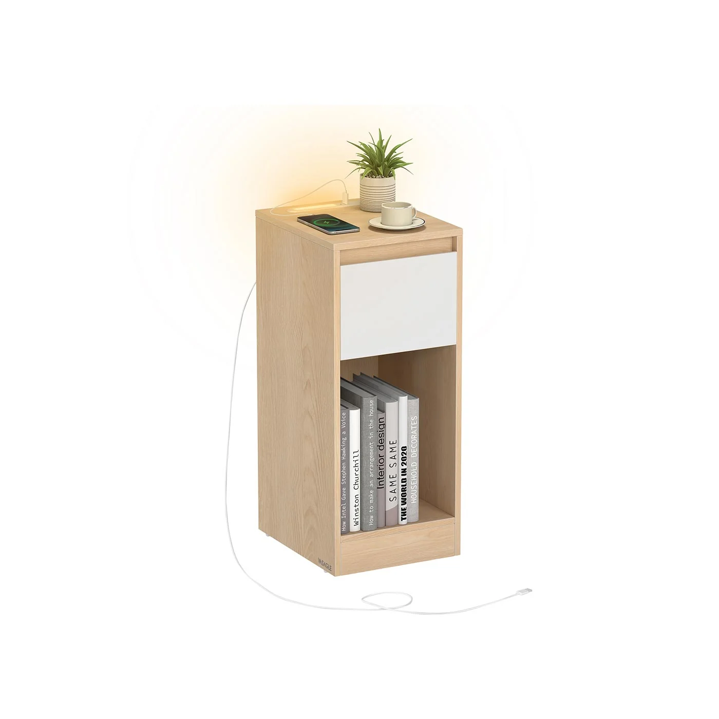 Table de chevet étroite avec LED ports USB tiroir