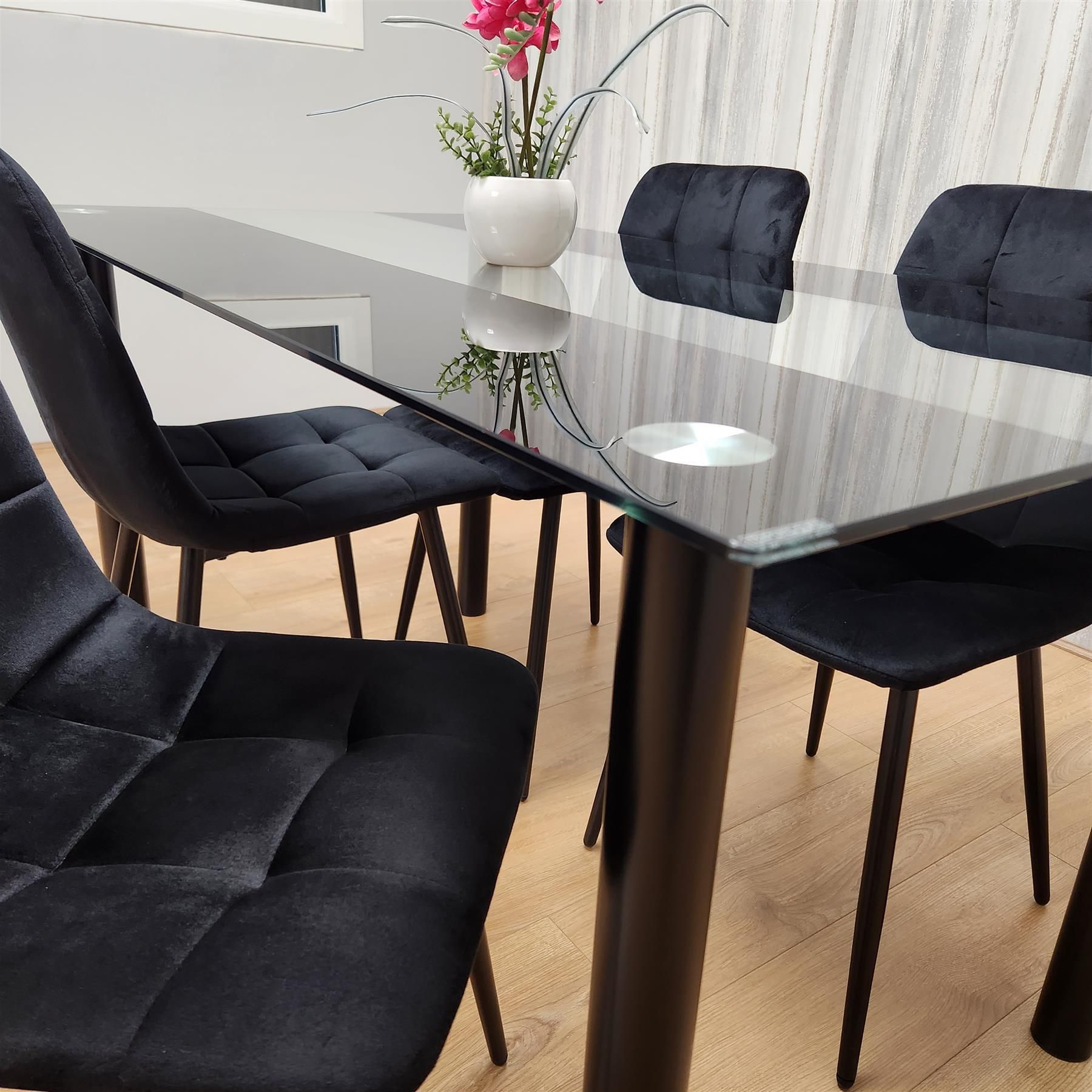 KOSY KOALA Black Glass Dining Set With 4 Black Velvet Chairs For Dining Room