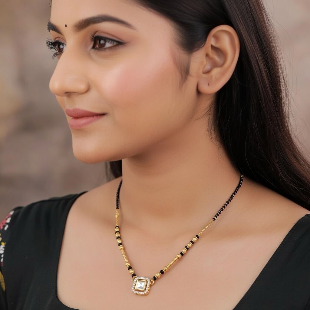 The Colourful Aura Square Solitaire Charm Black Beaded 18ct Gold Plated Mangalsutra Necklace