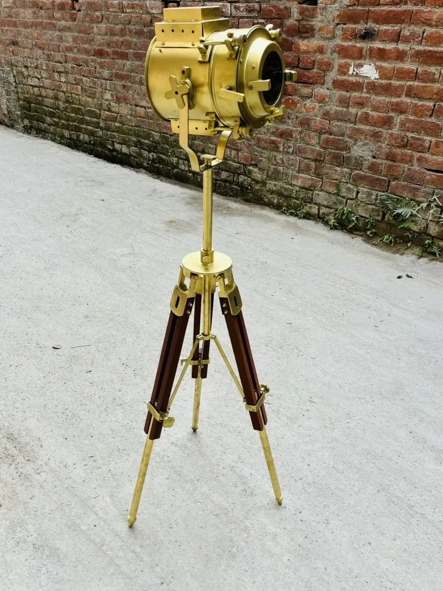 Nautical Spotlight Searchlight Floor Lighting Antique Brass On Wooden Tripod 65 Inch Decorative Gift