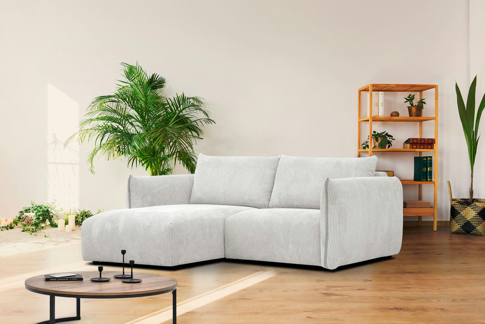 TAUER - Canapé d'angle gauche 3 places tissu beige