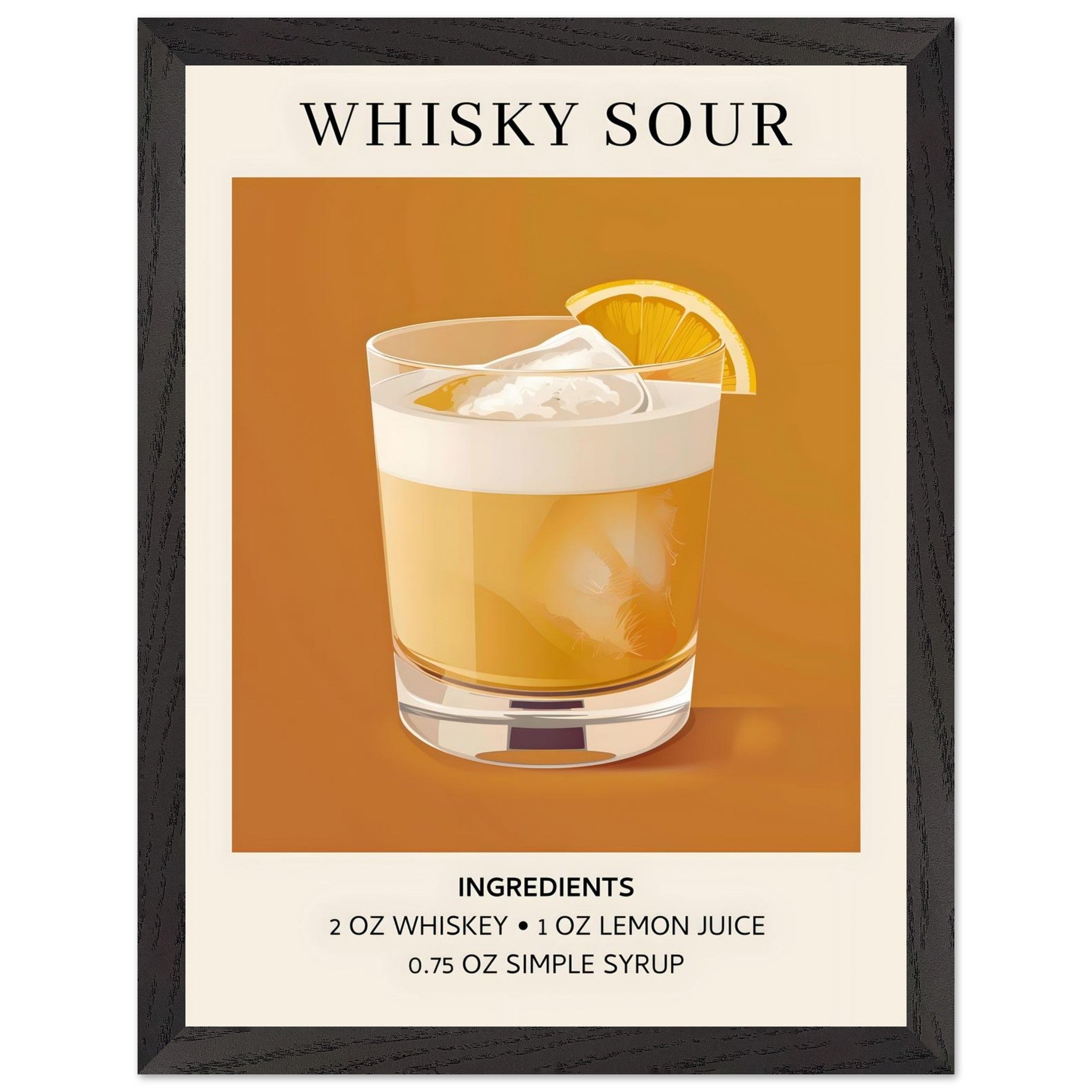 Artfulprints Poster met Lijst Whisky Sour cocktail - Ingrediënten  - 30x40 cm - Oranje