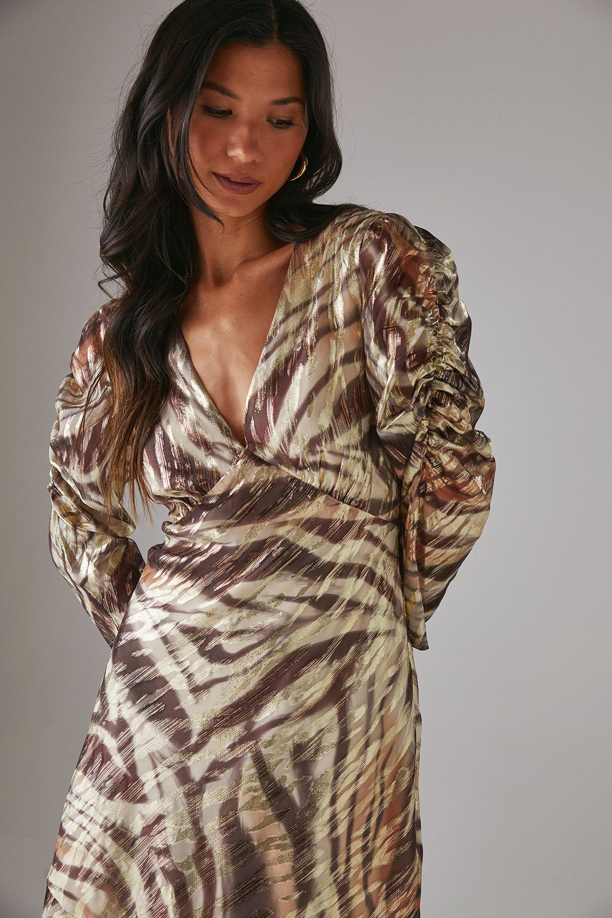Warehouse Metallic Jacquard Ruched Sleeve Plunge Neck Bias Midi Dress