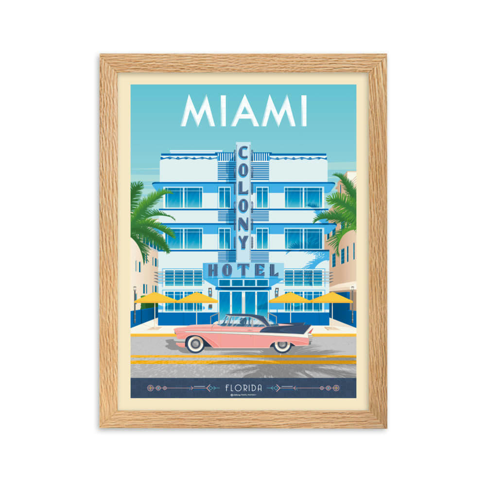 - Affiche Miami Floride Colony Hotel avec Cadre (Bois) 21x29,7 cm