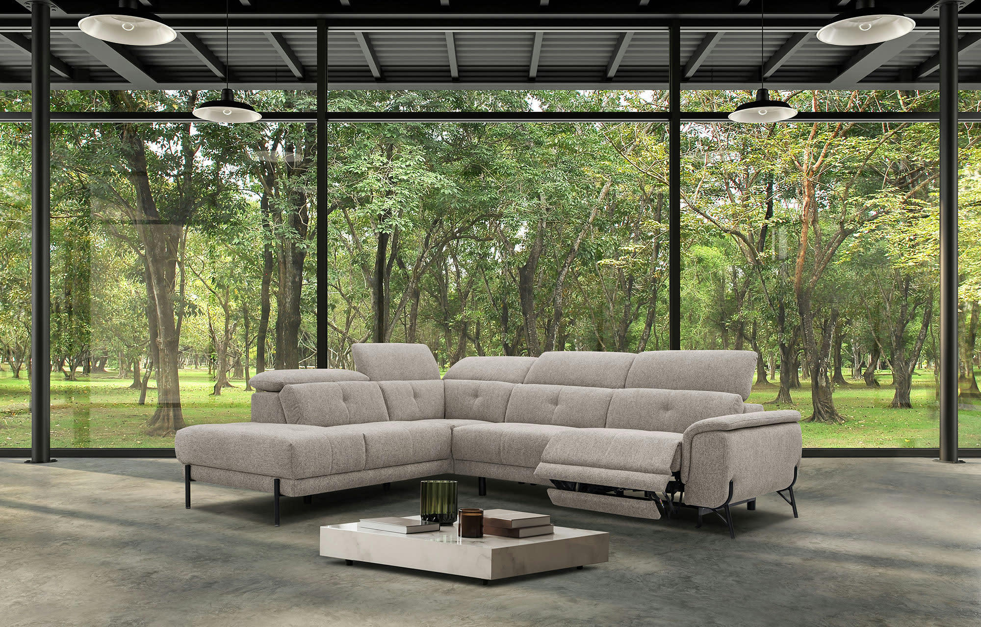 AVENA - Canapé d'angle gauche 5 places avec une relax électrique tissu taupe