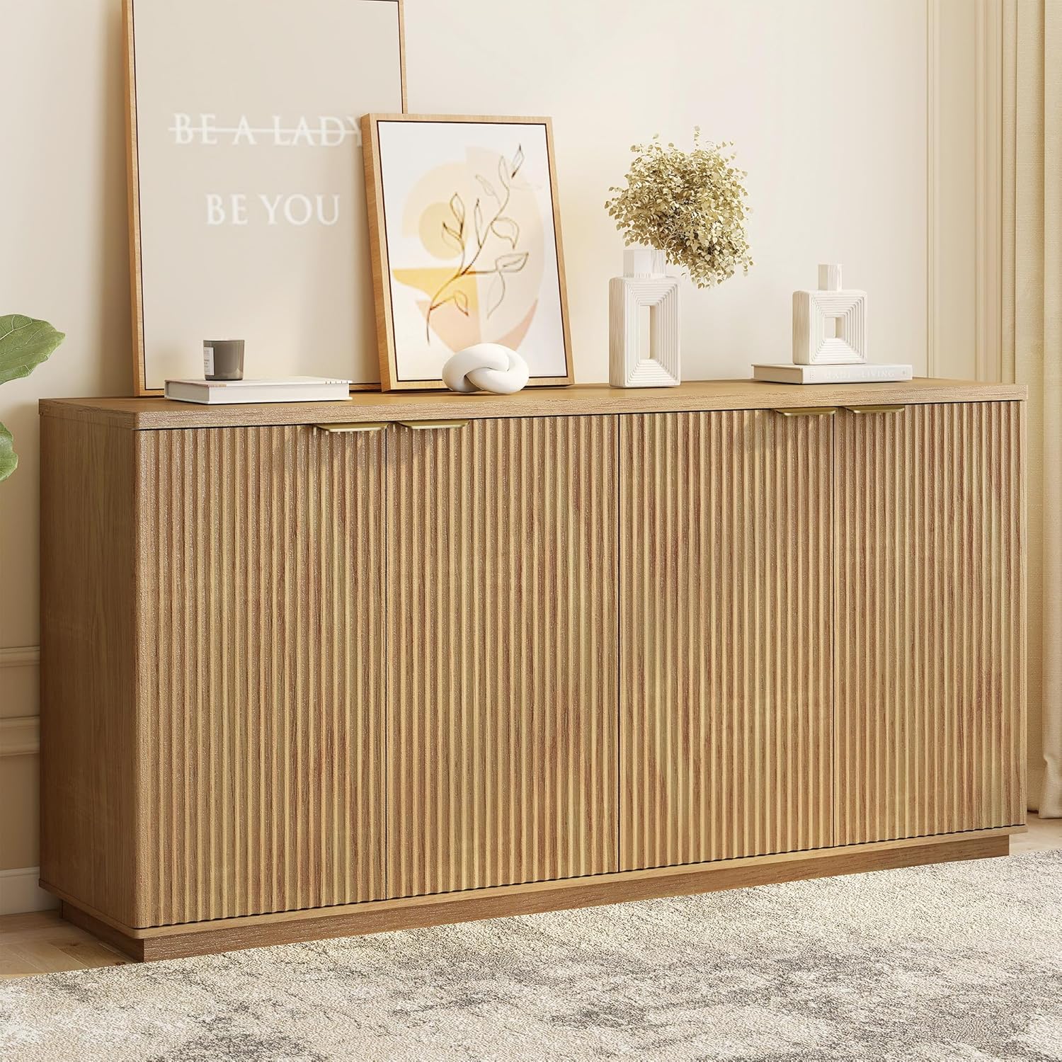Fluted Sideboard Buffet Cabinet with Storage,63 Modern Credenza Storage Cabinet with Doors and Adjustable Shelves,Wooden Buffet Cabinet for Kitchen,Living Room,Natural Oak