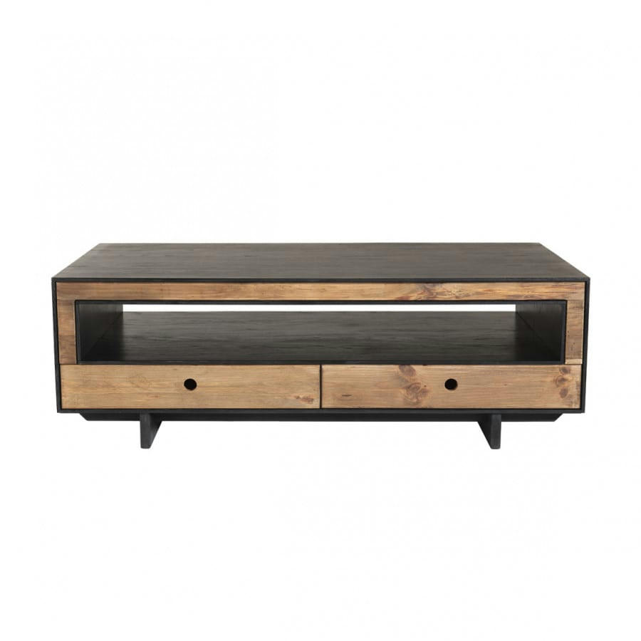 ANDREA - Table basse 4 tiroirs 1 niche en pin recyclé naturel et noir L135
