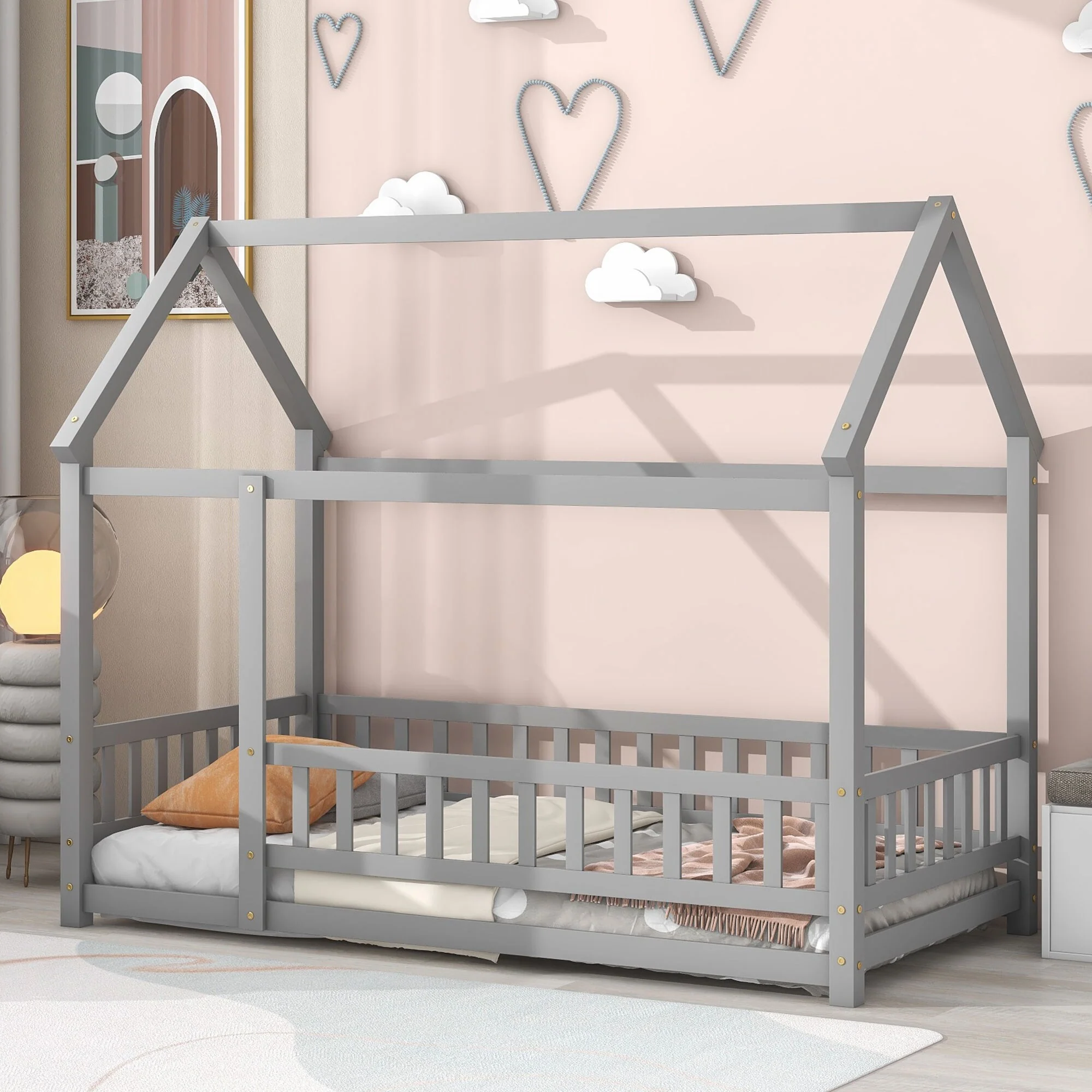White Wooden Twin Floor Bed with Roof Frame and Guardrails for Kids