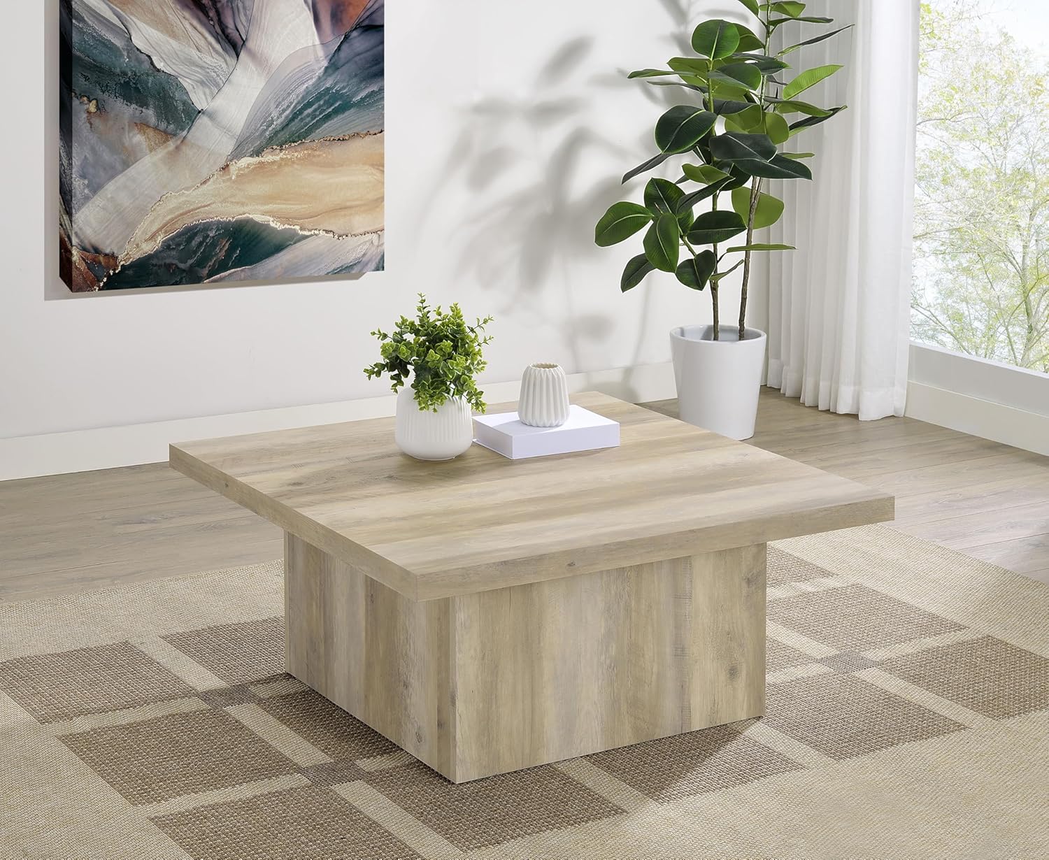 Coaster Home Furnishings - Devar - Wood - Square Coffee Table with Plinth Base, Geometric Design and Transitional Style - Living Room - Distressed Pine - 710878