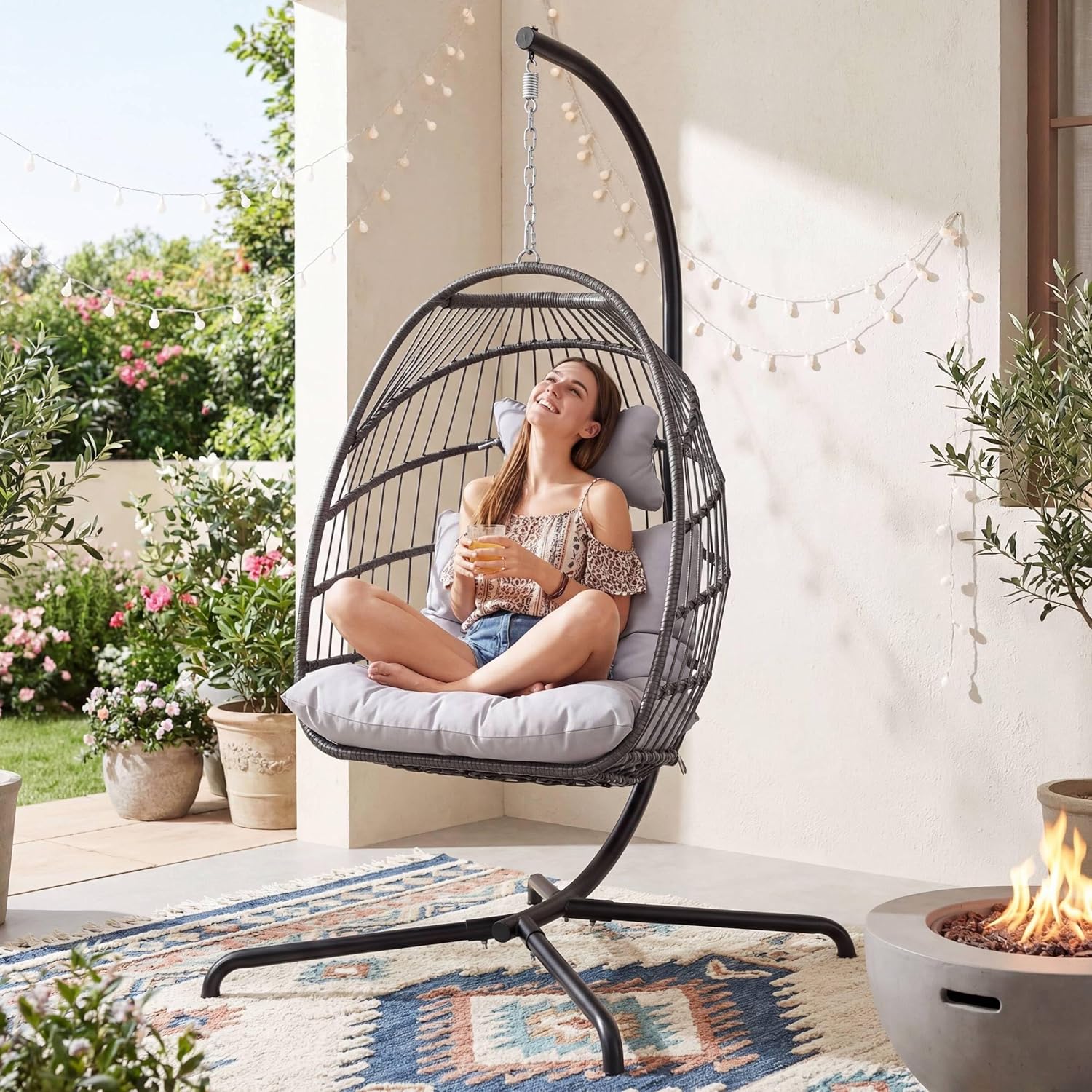 RADIATA Rattan Swing Egg Chair with Stand Outdoor, Comfy Hanging Wicker Chairs with Soft Cushion, Stable 350Lbs Patio Swinging Chair for Adults Bedroom Balcony Indoor Porch Outside, Light Gray