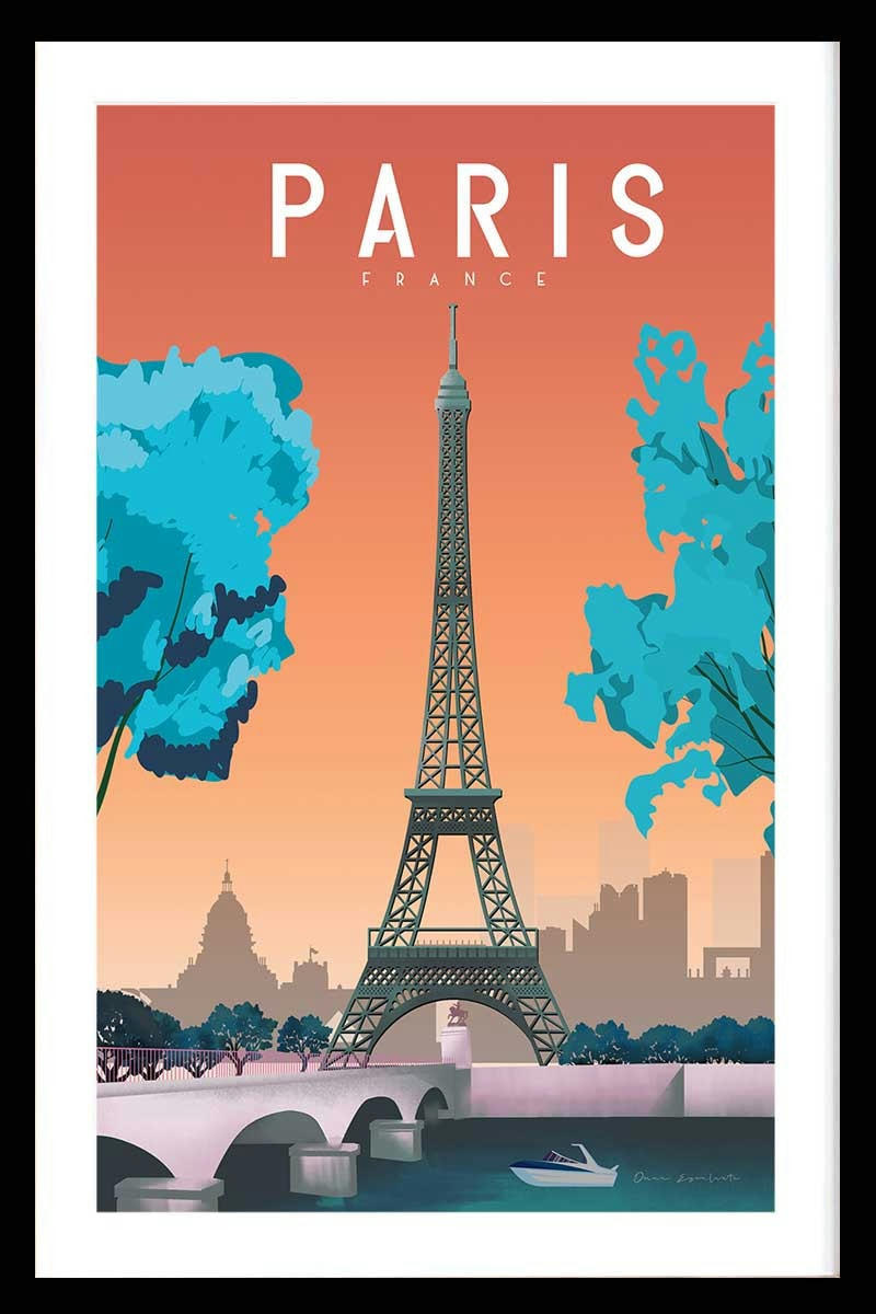- Affiche ville retro Paris France avec cadre noir 30x45cm