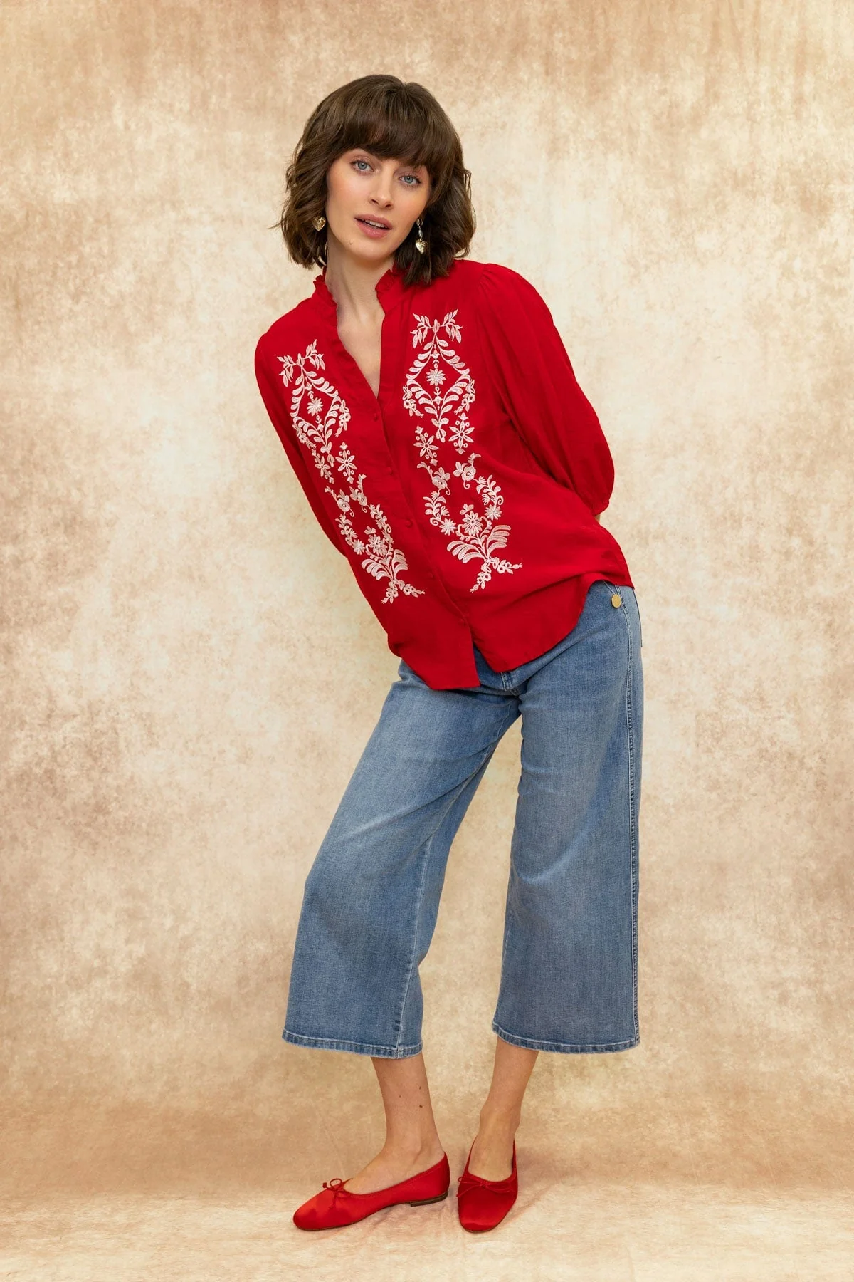 Red Blouse with Embroidered Details