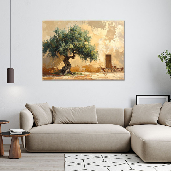 Obraz do salonu sypialni biura, Drzewko oliwne na tle muru beżowy 30x20
