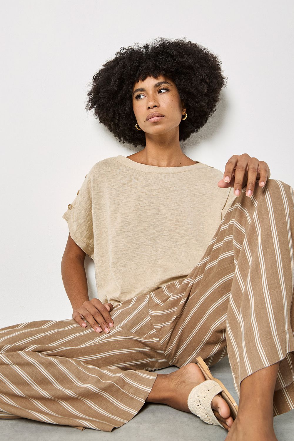 Apricot Linen Blend Wide-Leg Stripe Trousers