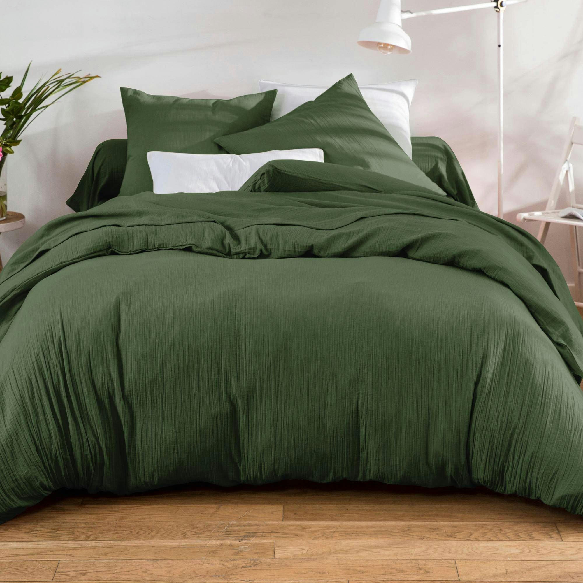 DOUBLE GAZE - Taie sac 50x70 vert kaki en coton