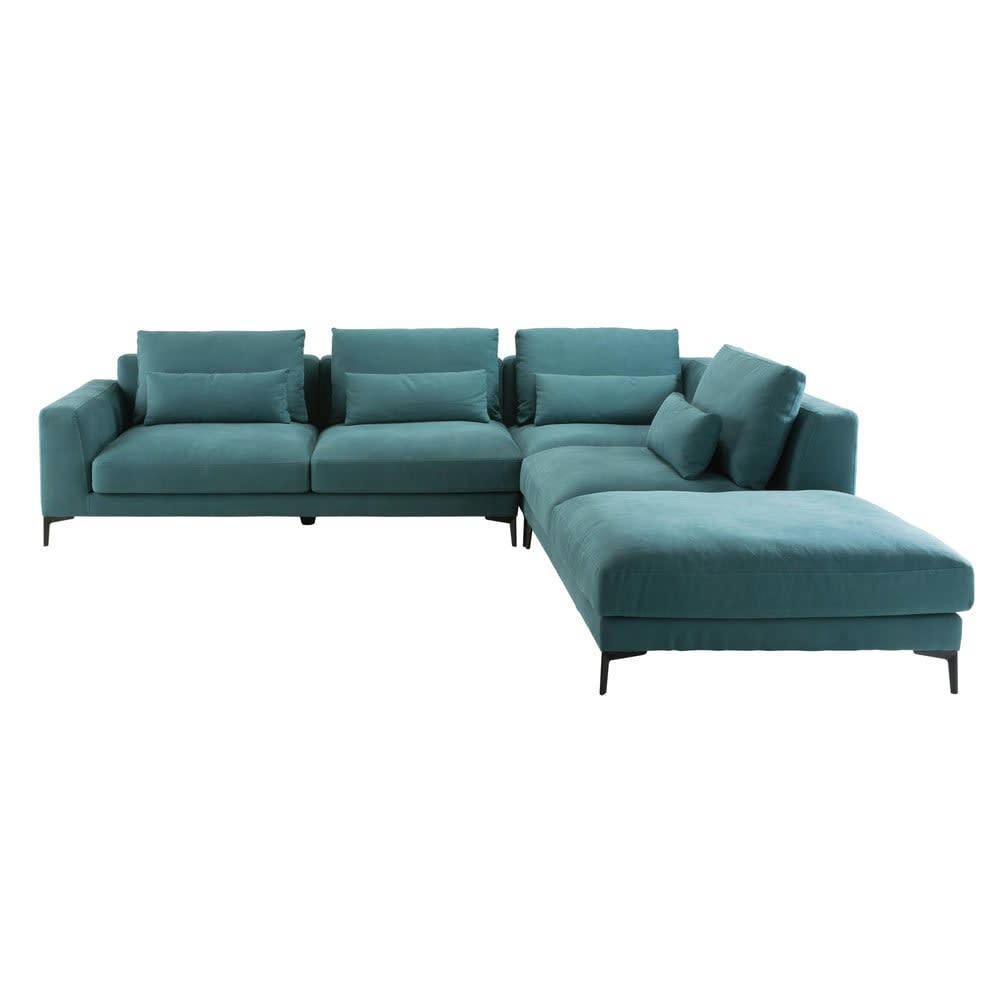 Portland - Canapé d'angle droit 6 places en coton et lin bleu canard