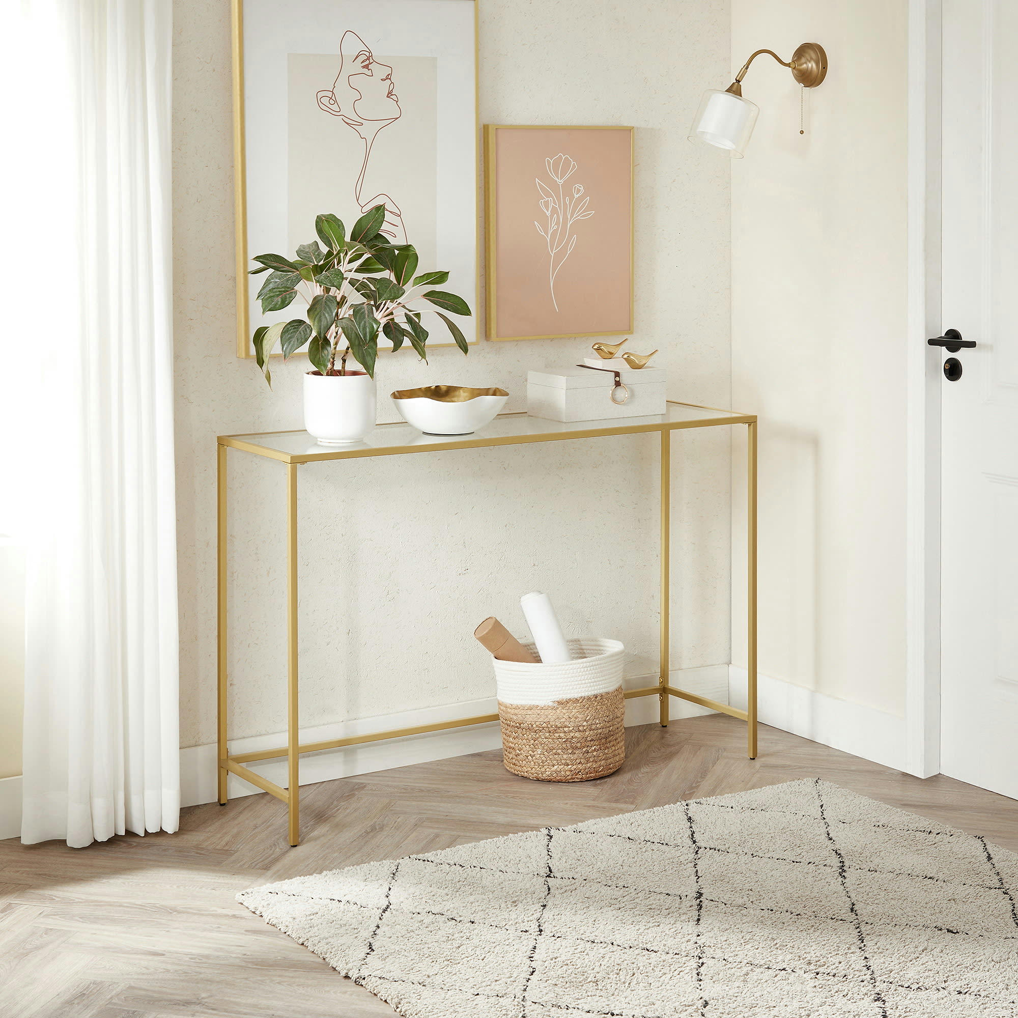 - Table console style moderne verre acier transparent doré