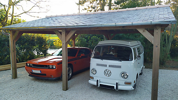Carport SUR MESURE 2 pentes 400 cm x 6 poteaux, bois DOUGLAS Français(Charpente en bois-auvent-abri voiture). Garantie 10 ans