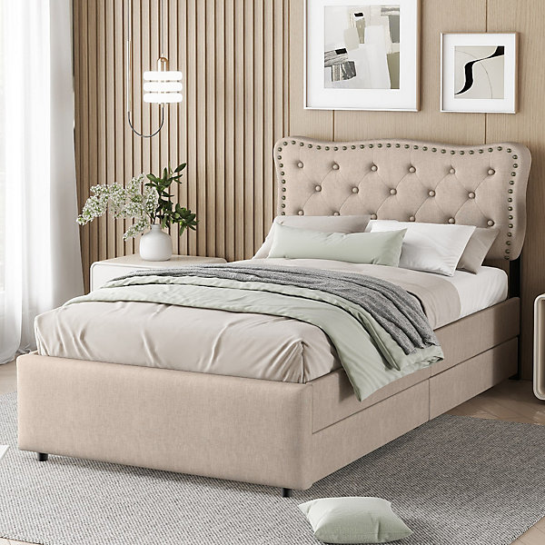 Lit avec rangement 90x200 cm simple capitonné avec 2 tiroirs et tête de lit ondulée cloutée - revêtement en lin beige foncé