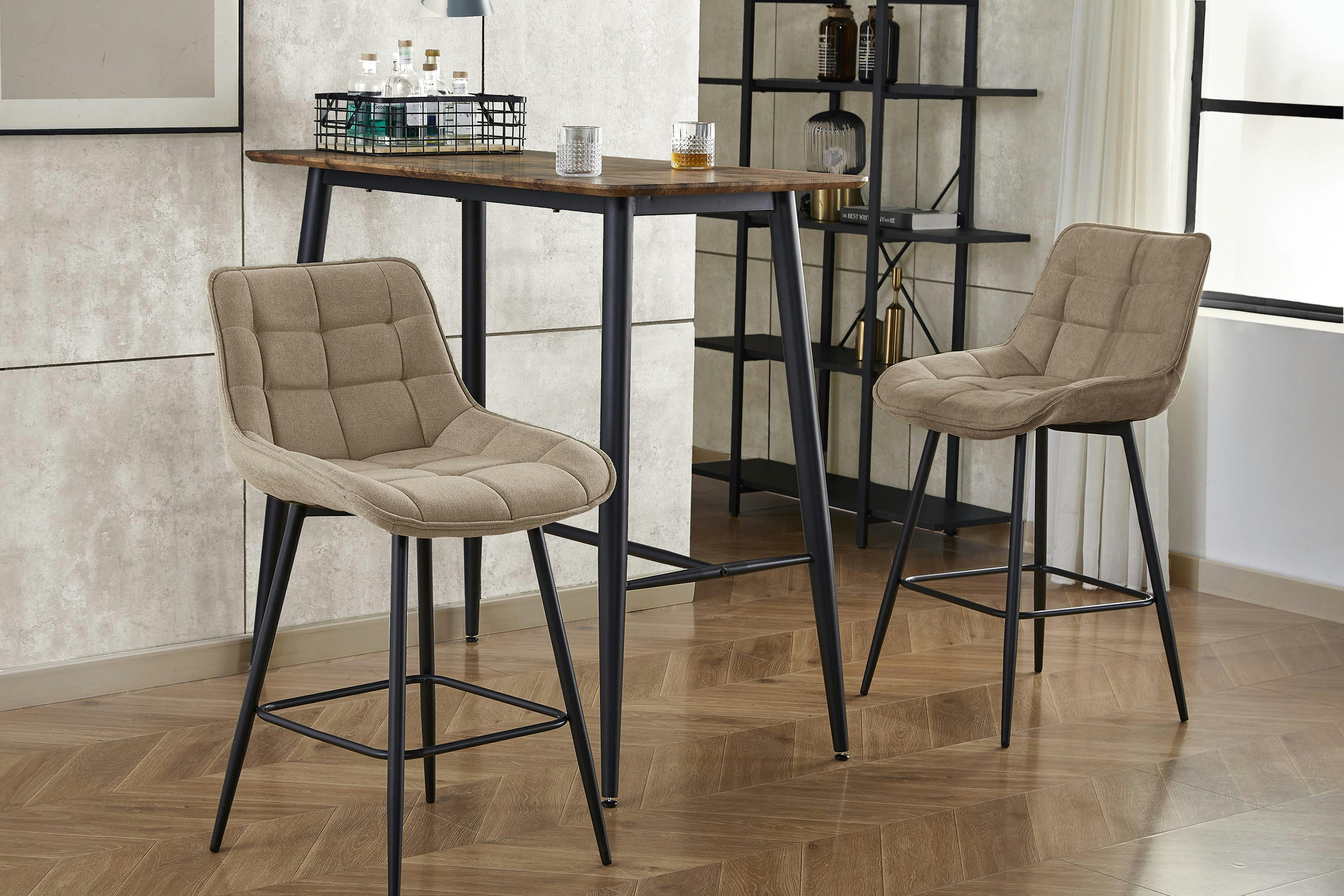 GRANT - Tabouret de bar en tissu Marron Clair et pieds métal noir (x2)