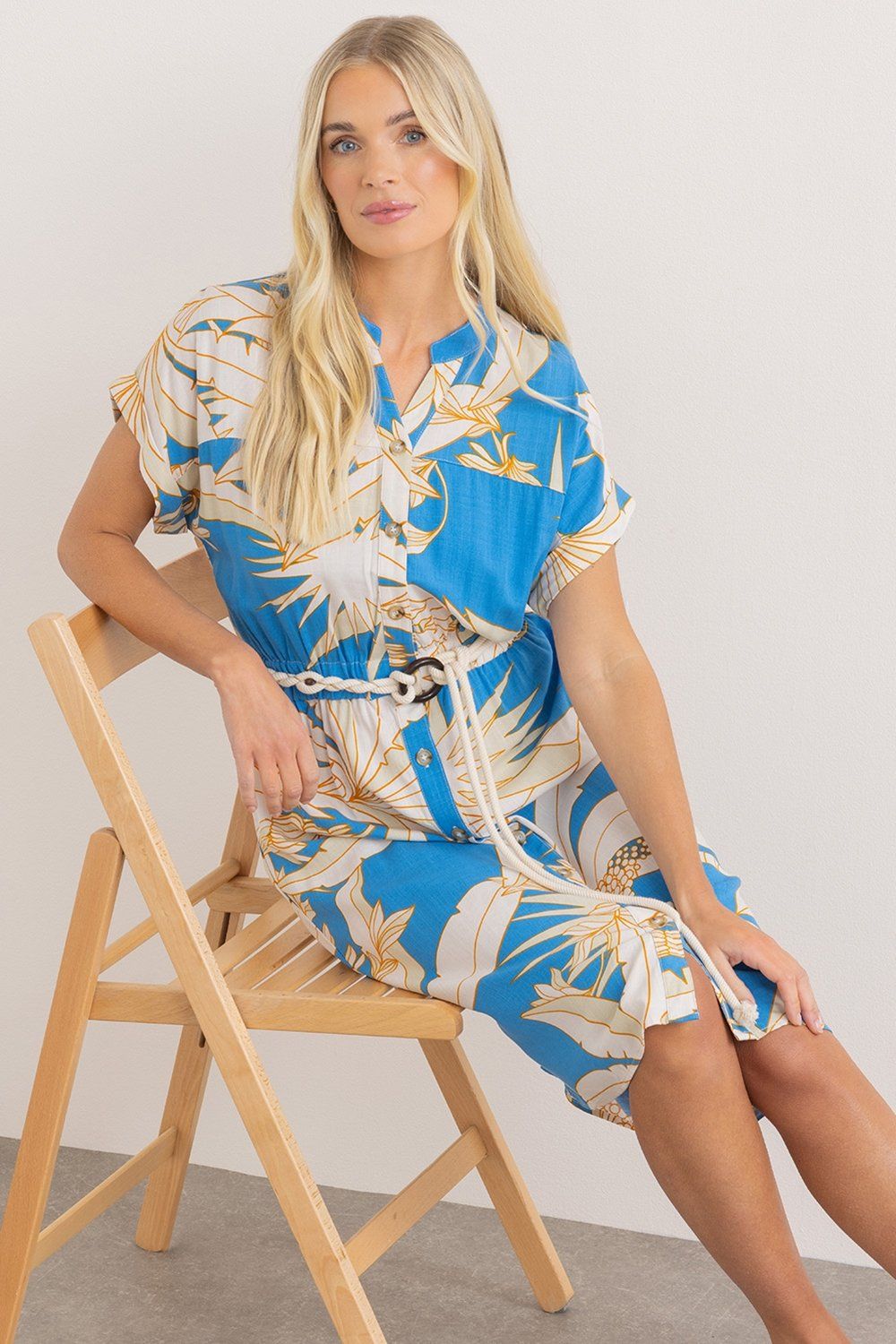 Klass. Leaf Printed Shirt Dress With Belt