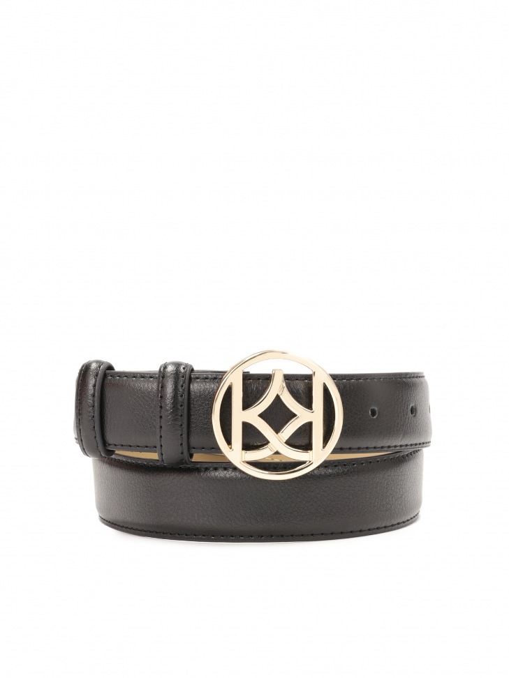 Black leather ladies' belt with a round buckle with monogram