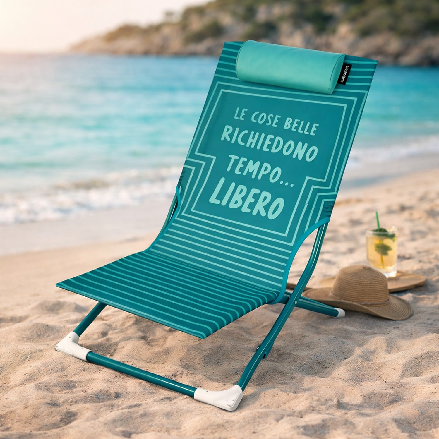 Spiaggina sedia pieghevole scritta Tempo libero e poggiatesta