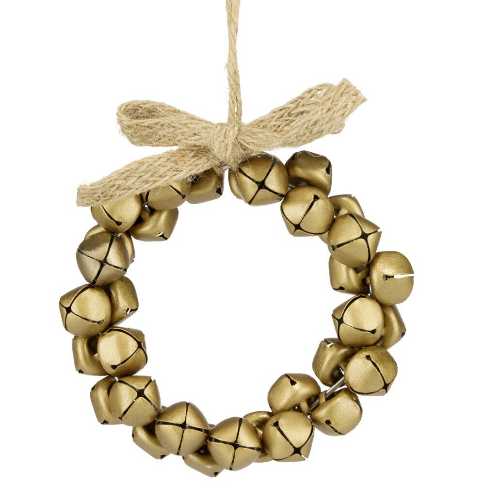Couronne de No&euml;l à suspendre en mini grelots dorés Ø10cm