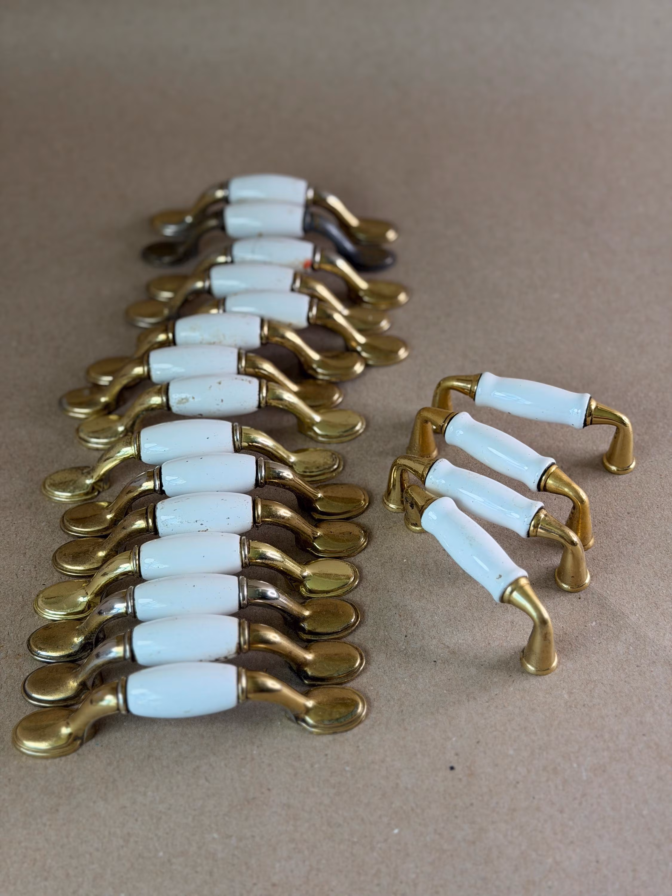 Vintage Brass Porcelain Cabinet Drawer Pulls, 2 Styles, As-Found