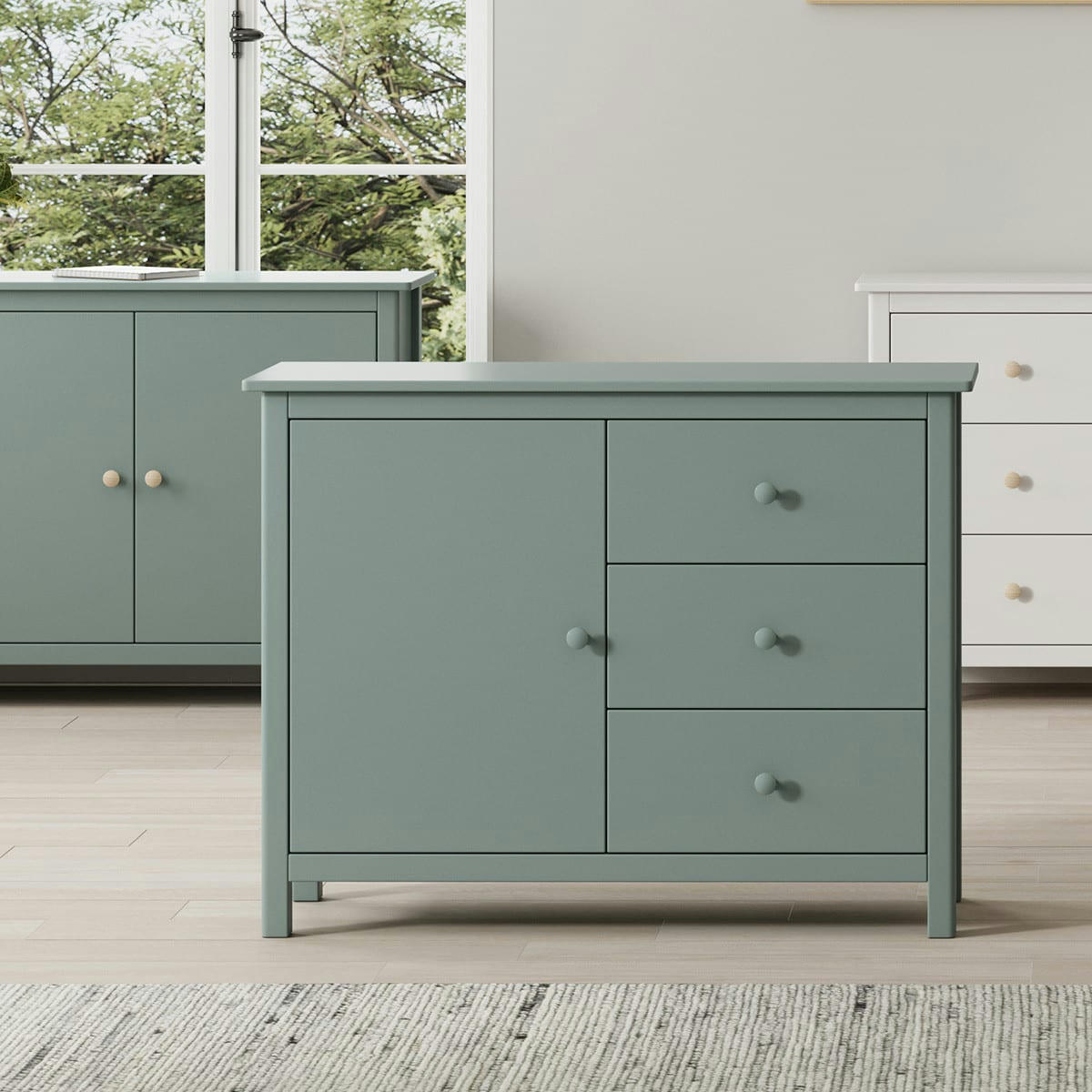 MELVIN - Commode 1 porte 3 tiroirs en pin massif vert pétrole 90 cm