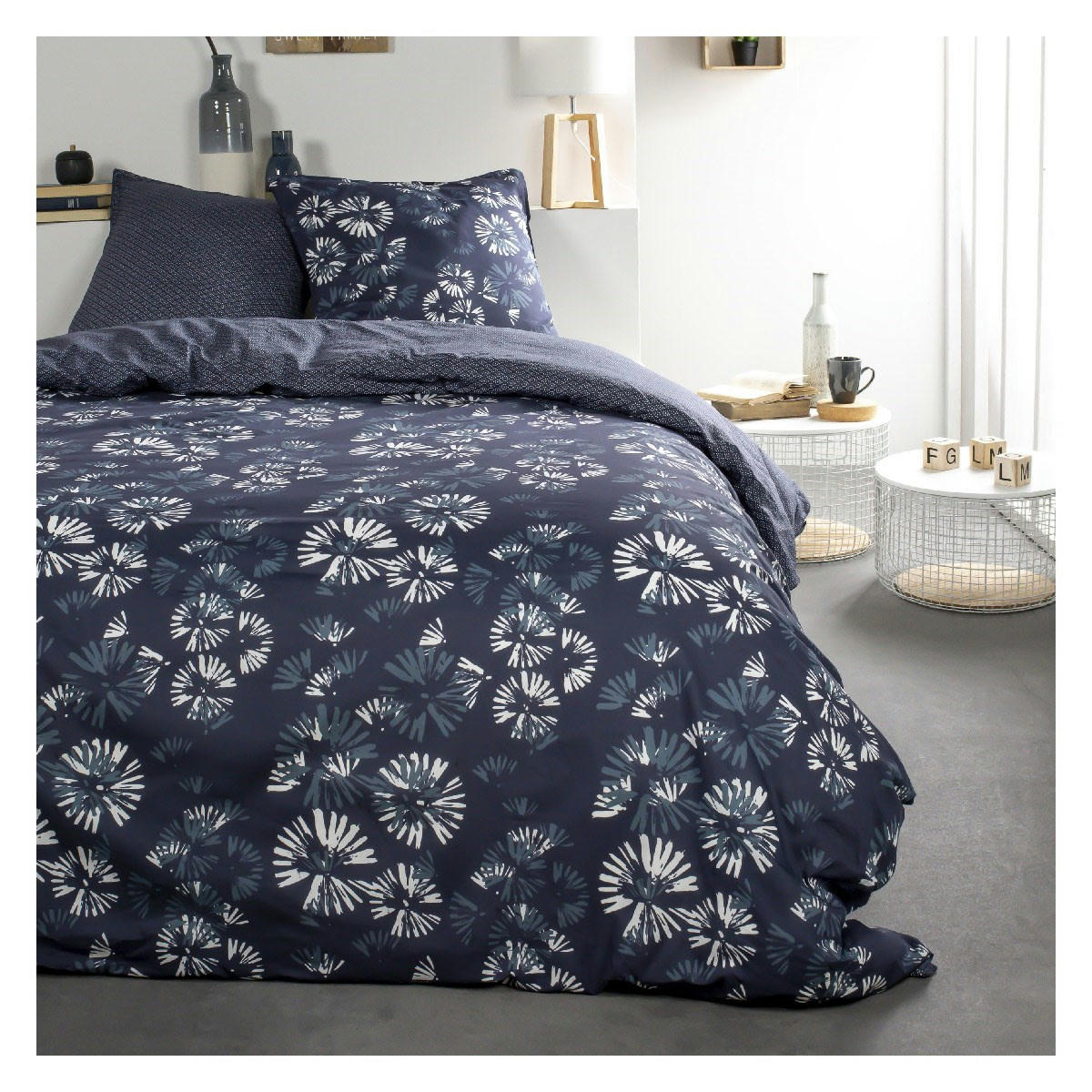 SUNSHINE - Parure de lit 2 personnes imprimé floral en Coton Bleu 240x260 cm