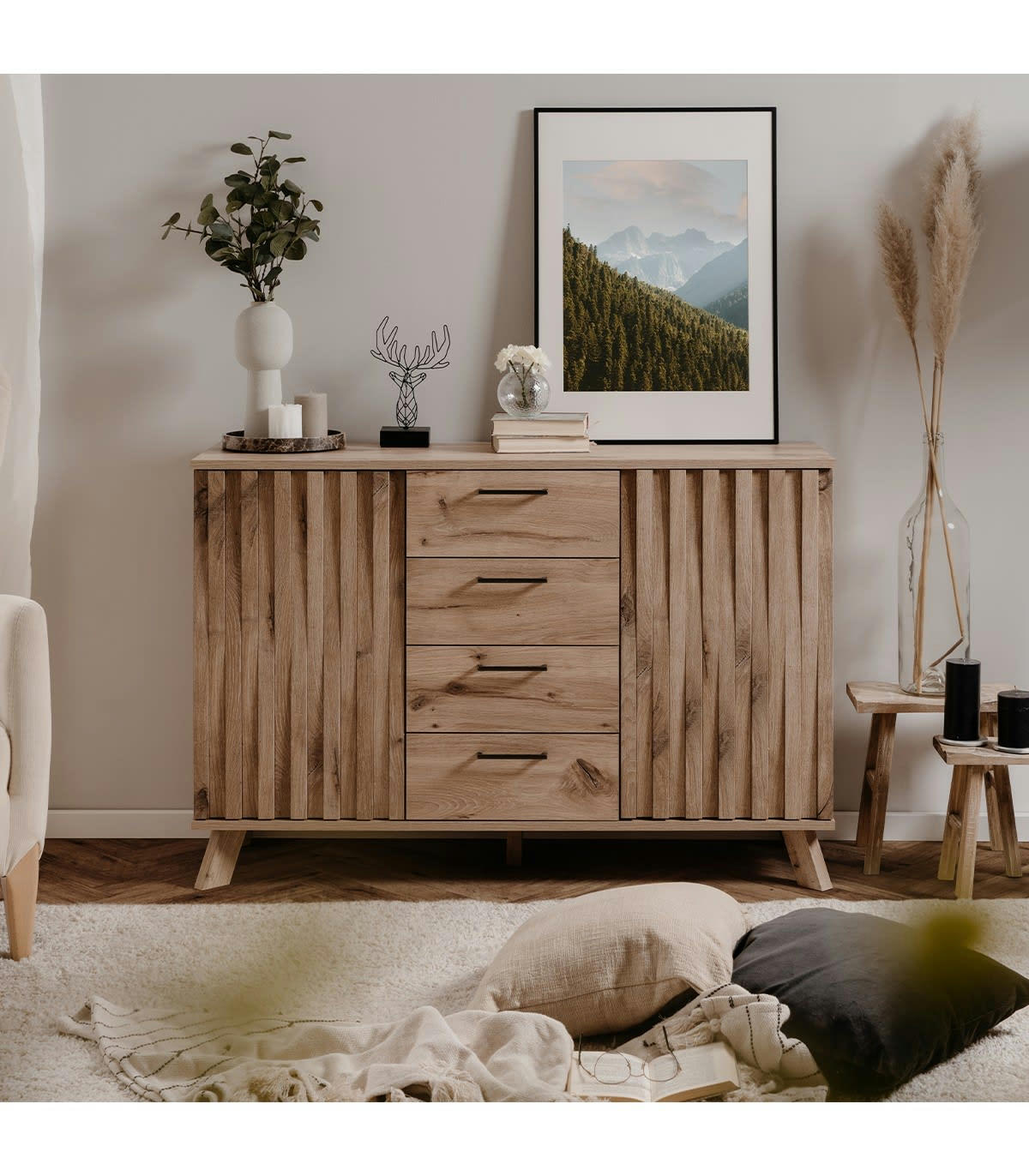 OPOLE - Buffet 4 tiroirs 2 portes effet bois - L127 x H85 cm