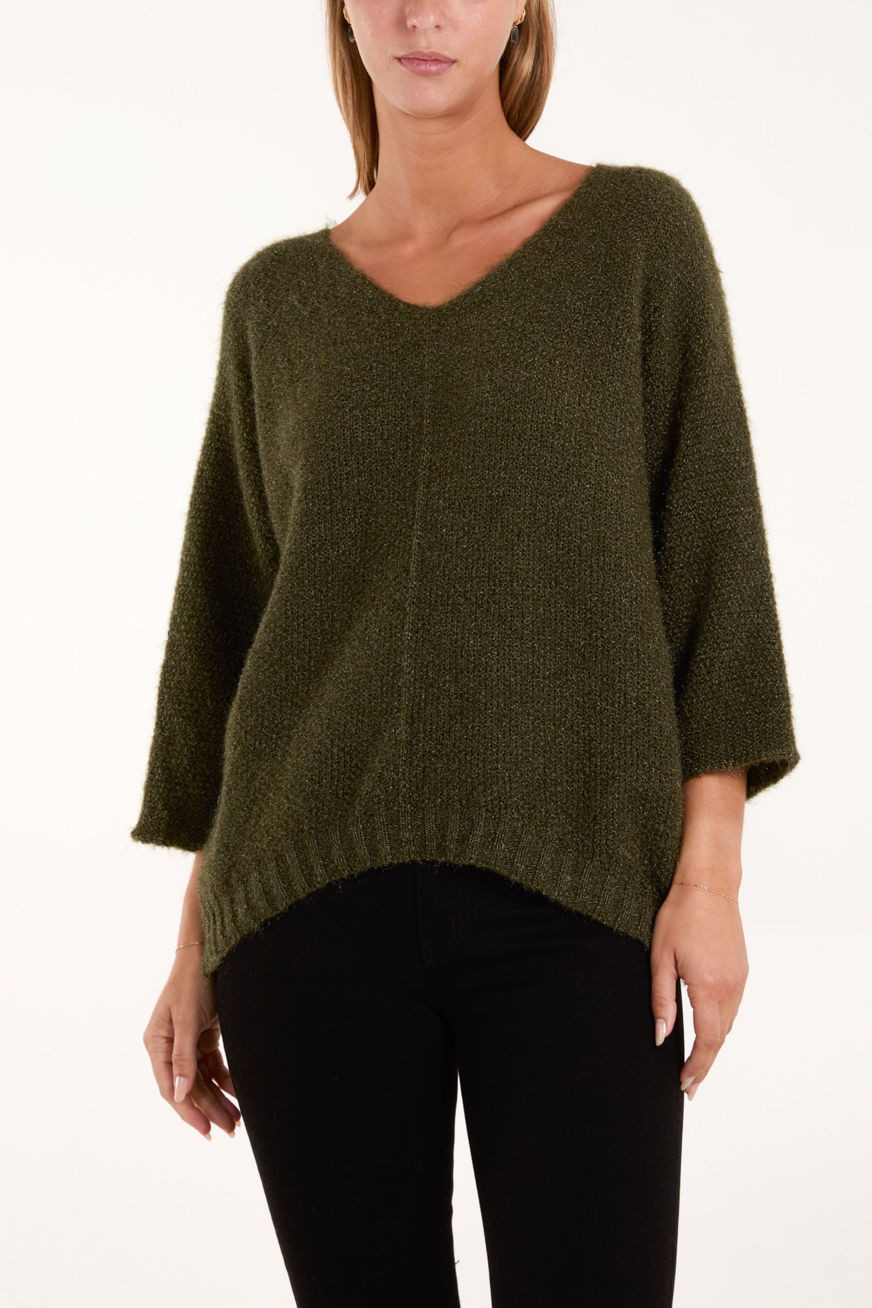 Blue Vanilla Khaki Fluffy Textured V Neck Jumper