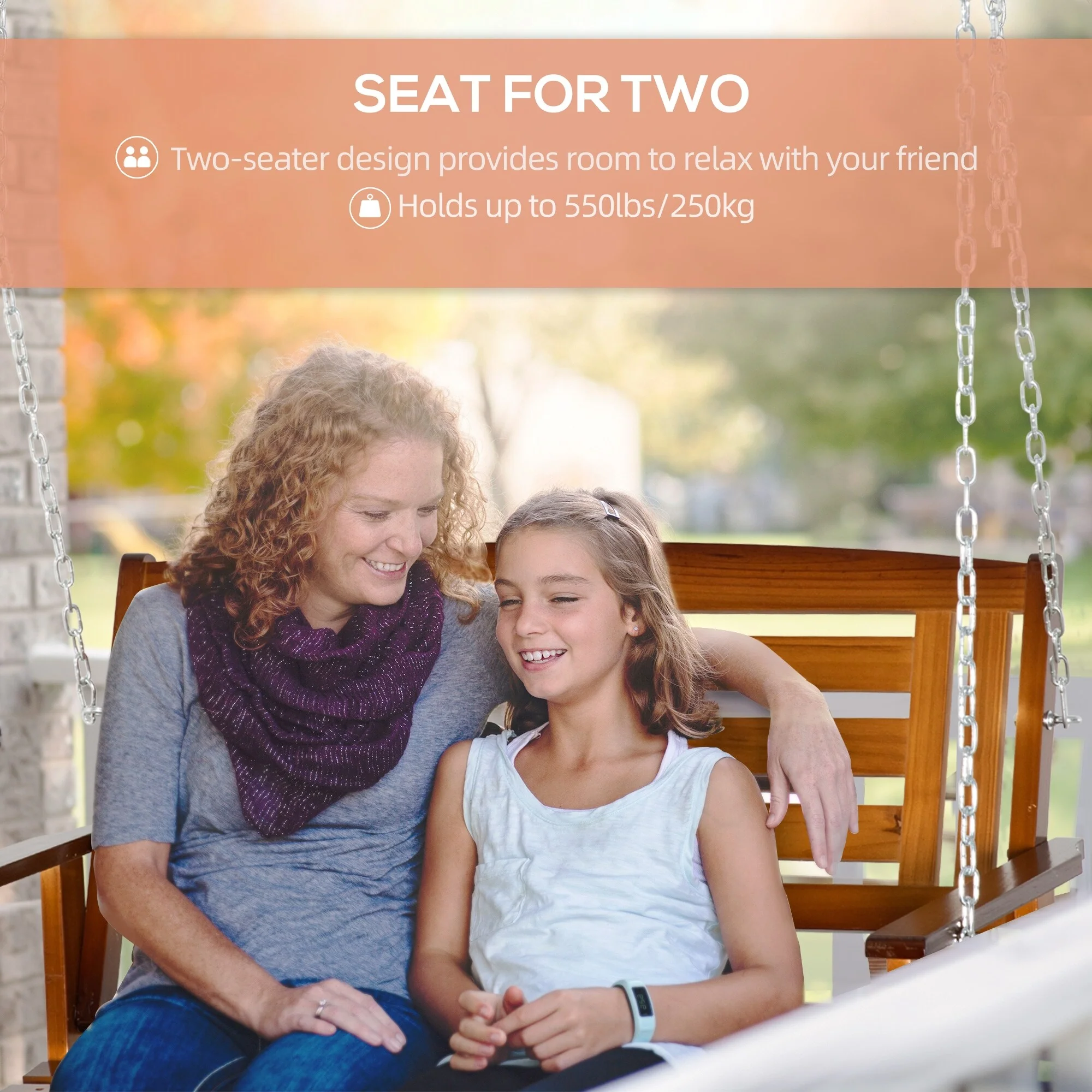 Pine Wood Porch Swing with Chains - Outdoor 2-Person Hanging Bench (550lb Capacity)