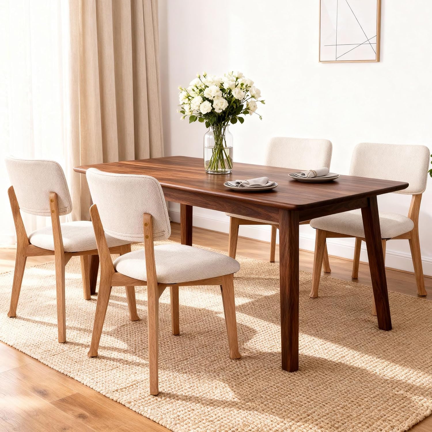 Wooden Dining Chairs Set of 4, Mid Century Modern Kitchen Chairs with Fabric Upholstered and Curved Backrest for Dining Room, Restaurant/Cafe, 300LBS Capacity, Natural