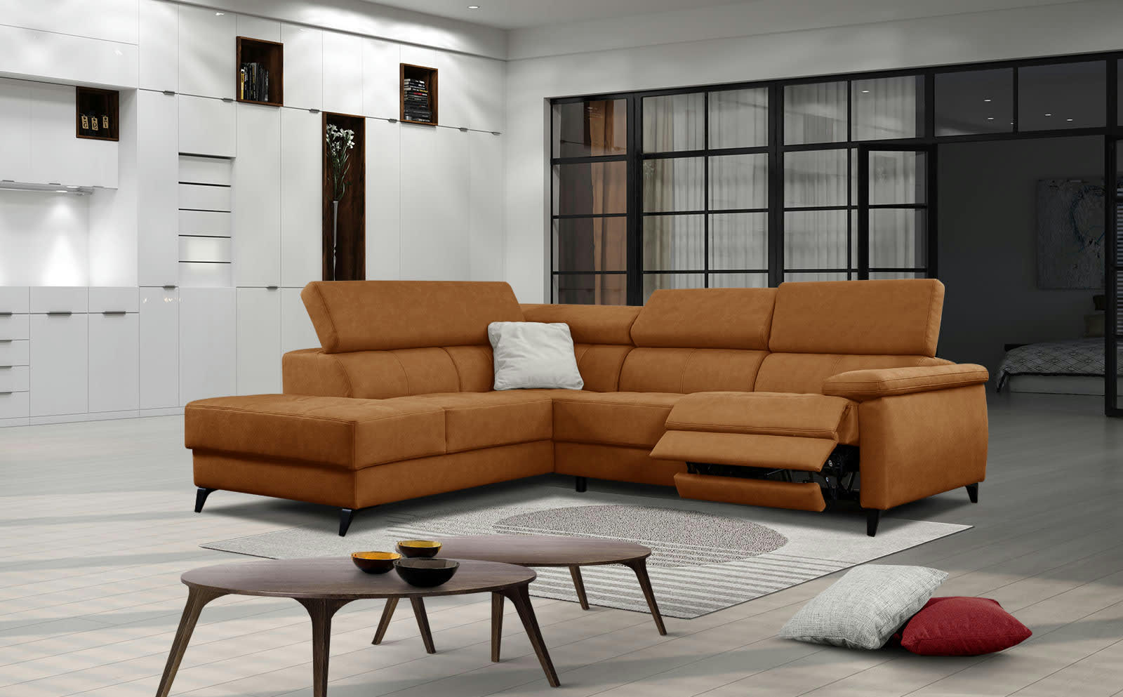 TAUNUS - Le canapé d'angle gauche 5 places marron avec une relaxation