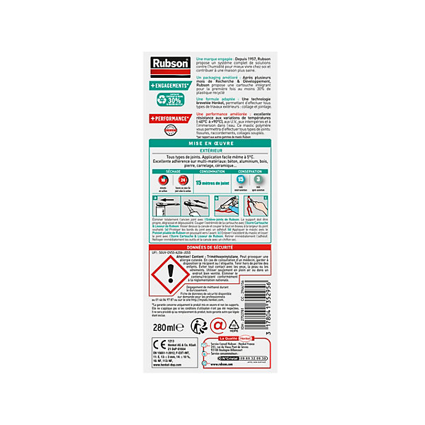 Mastic Rubson Pure Extérieur transparent cartouche 280ml