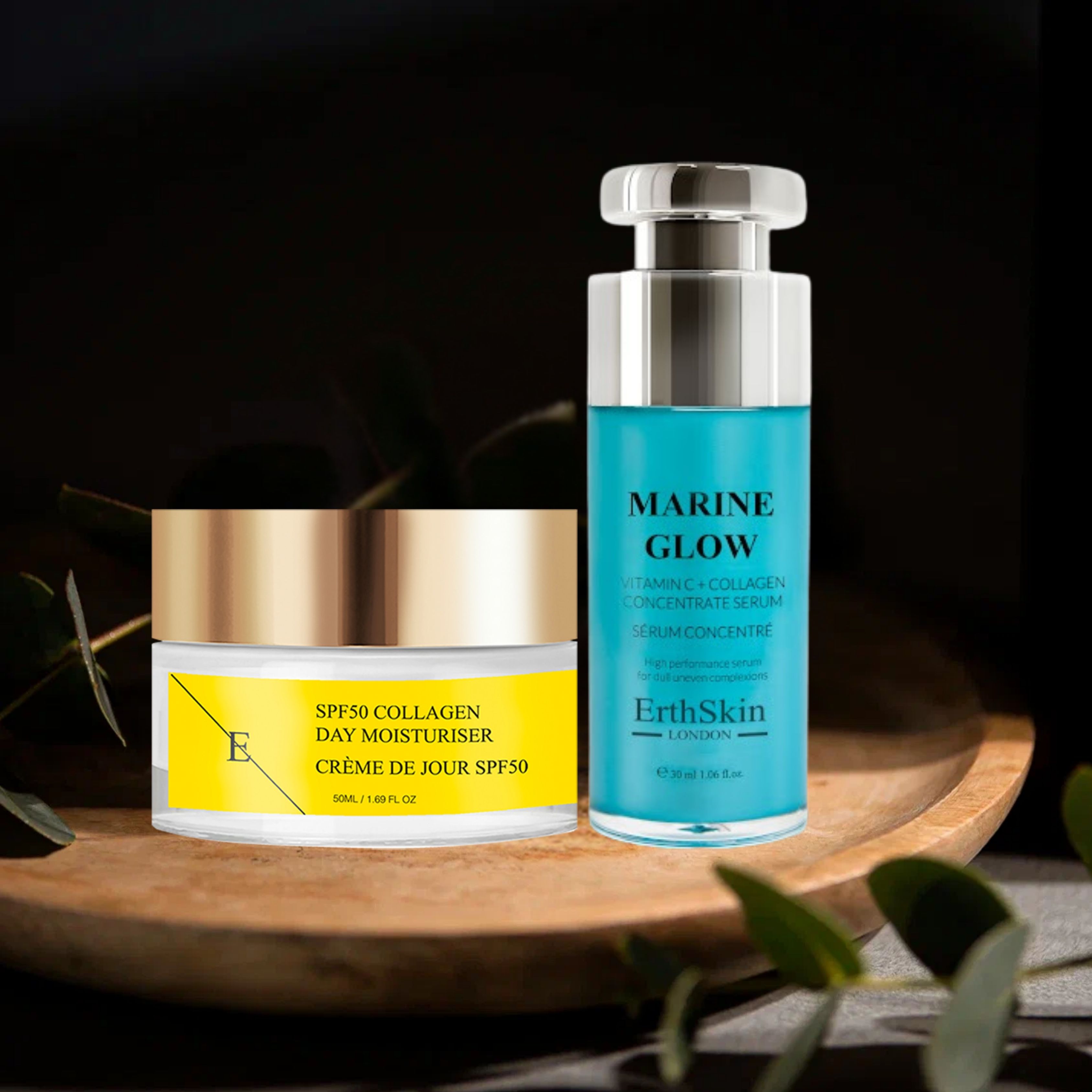 Erth Skin London Glow Duo: Marine Vitamin C Serum 30ml   SPF 50 Collagen Cream 50ml